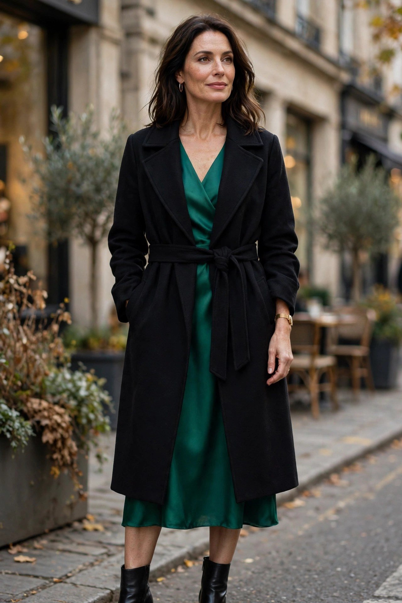 Woman in black wrap coat over jewel-tone dress