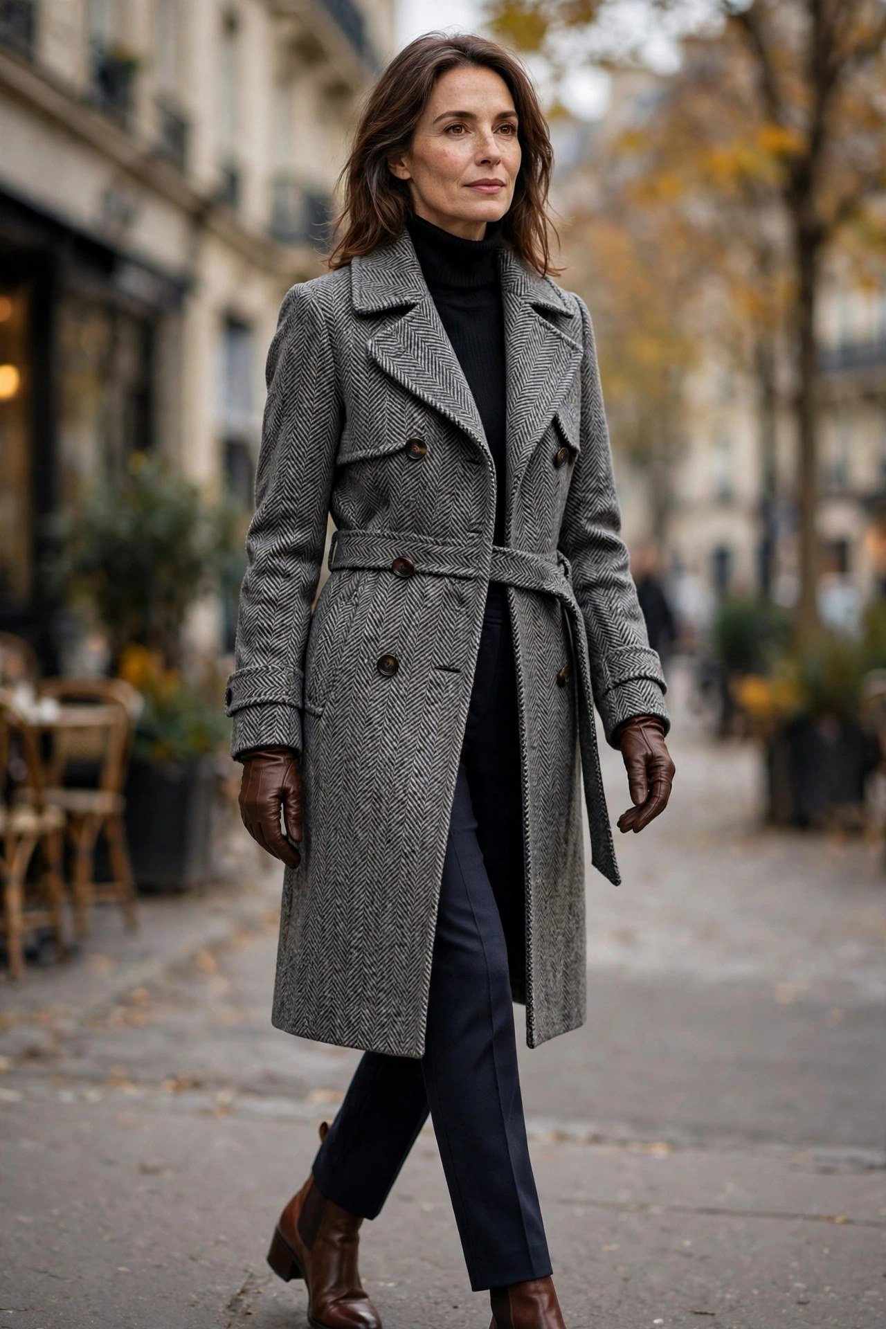Woman in gray herringbone coat with leather gloves
