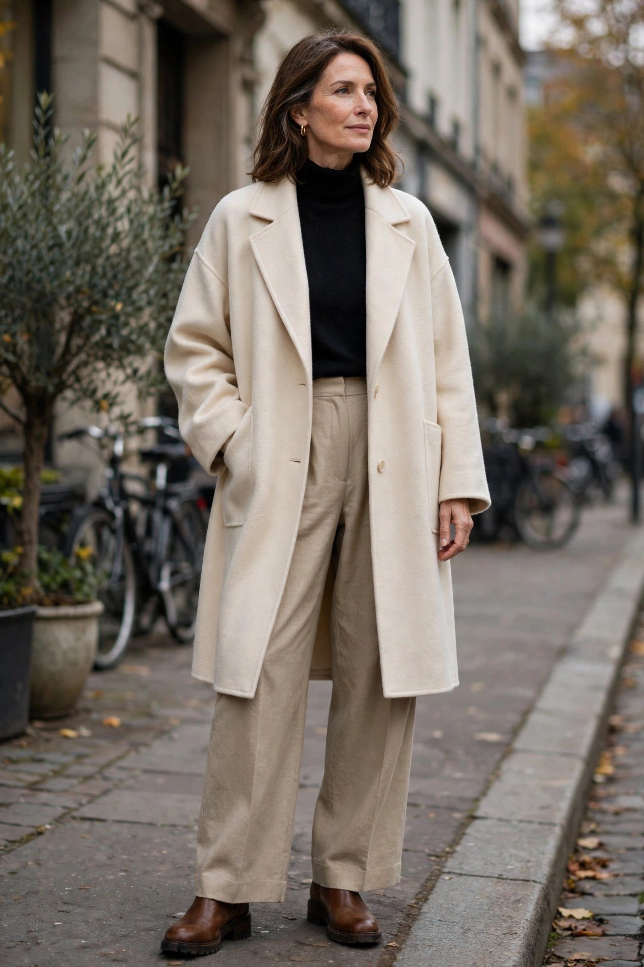 Woman in cream oversized coat with tailored black outfit