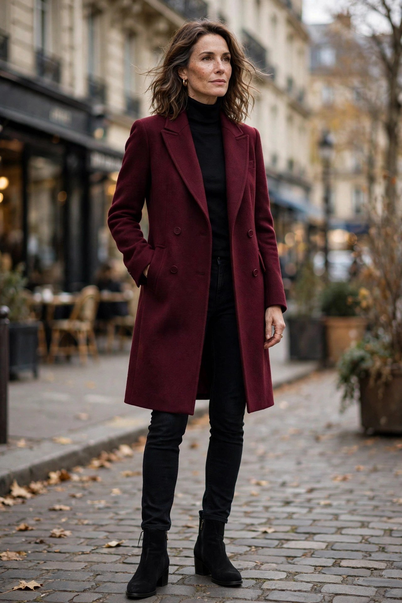 Woman in burgundy wool coat with black jeans and boots
