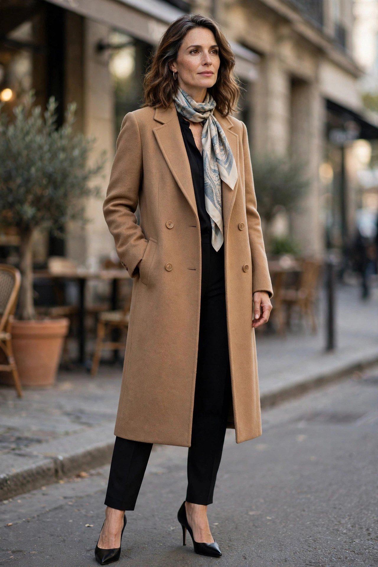 Mature woman in camel coat with silk scarf and heels