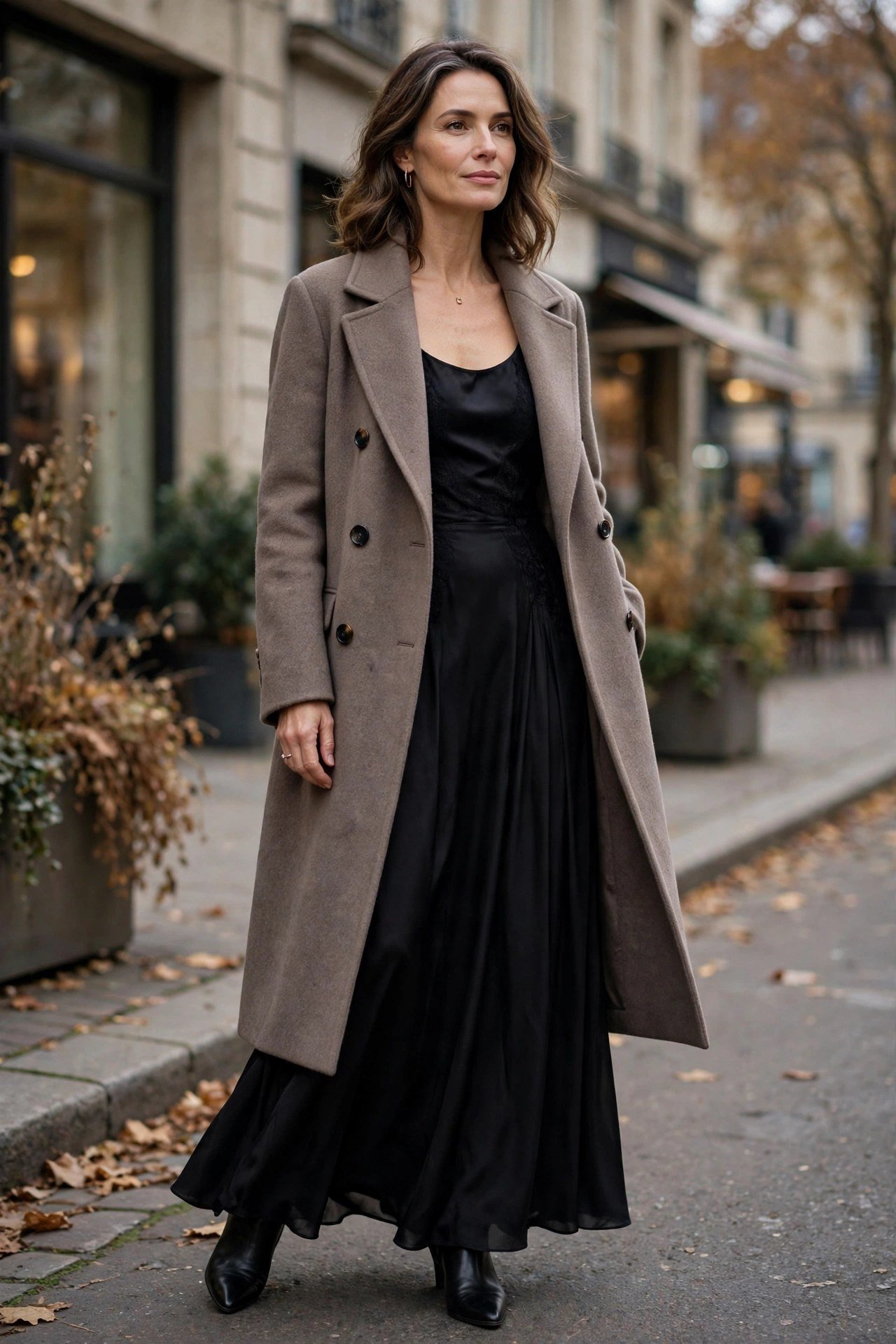 Woman in taupe wool coat over elegant evening dress