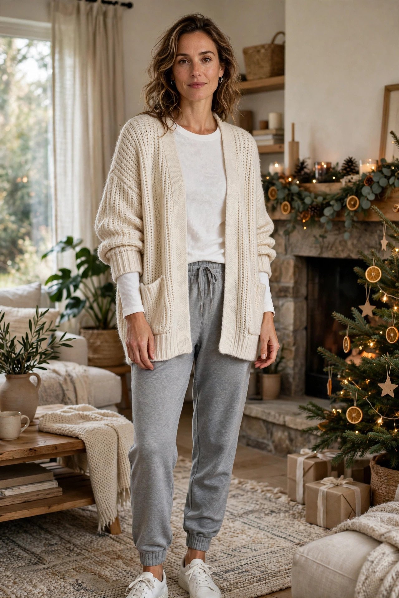 Woman in a slouchy cardigan with a thermal top and joggers