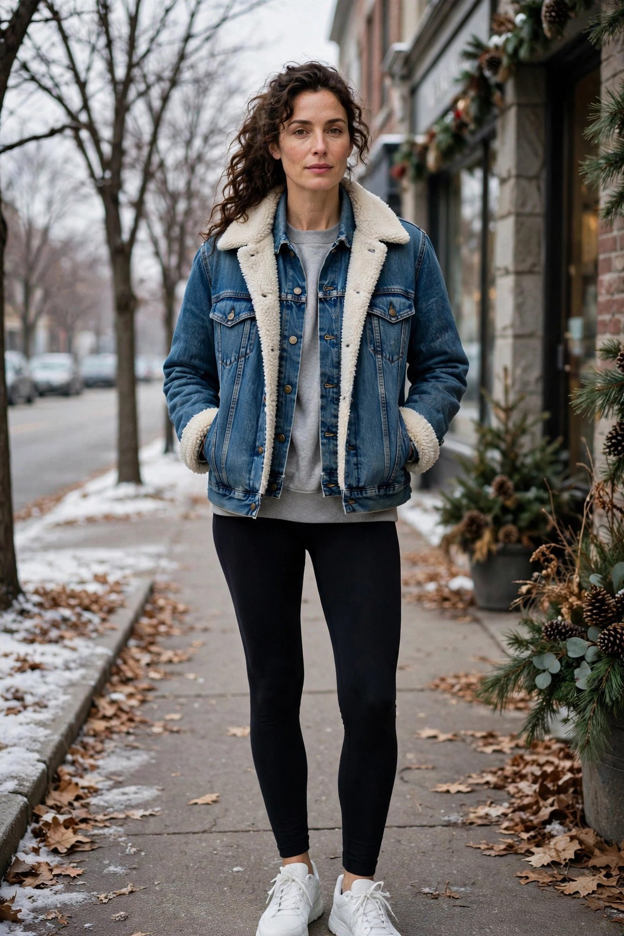 Woman in a sherpa-lined denim jacket with a sweatshirt and leggings