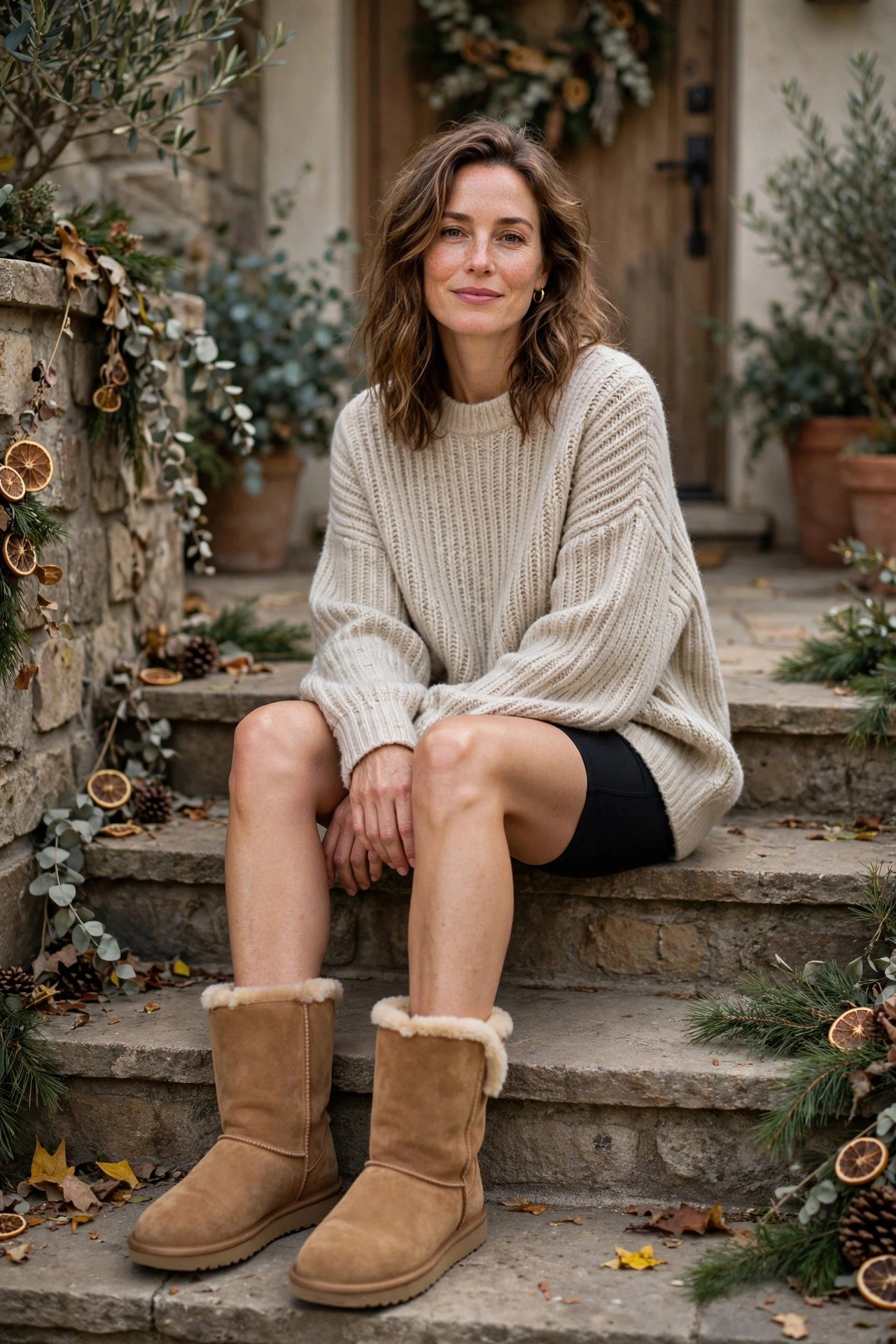 Woman in a boyfriend sweater with Ugg boots