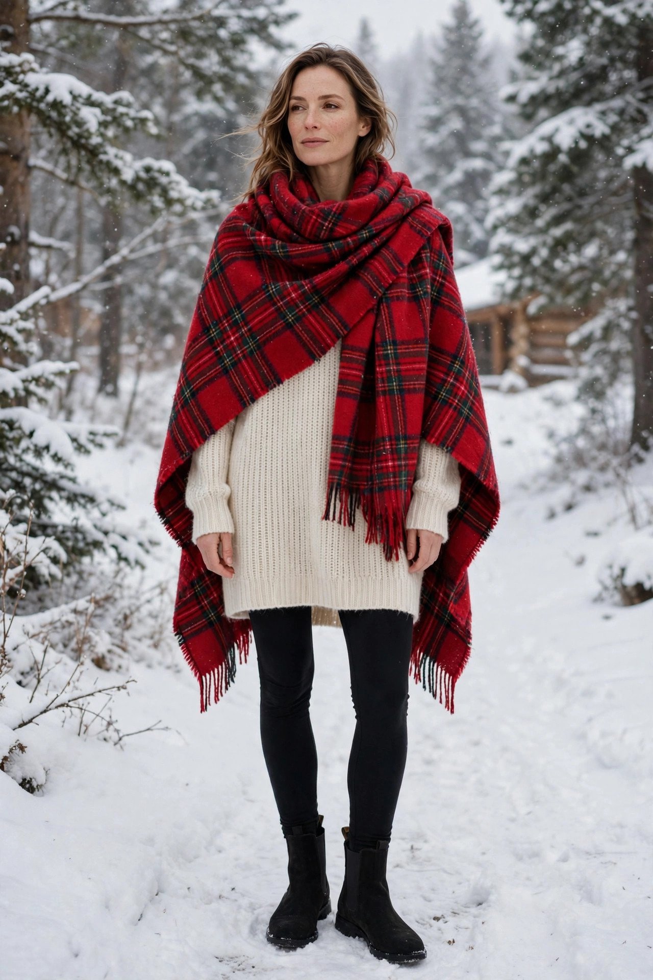 Woman in a plaid blanket scarf with a tunic and leggings