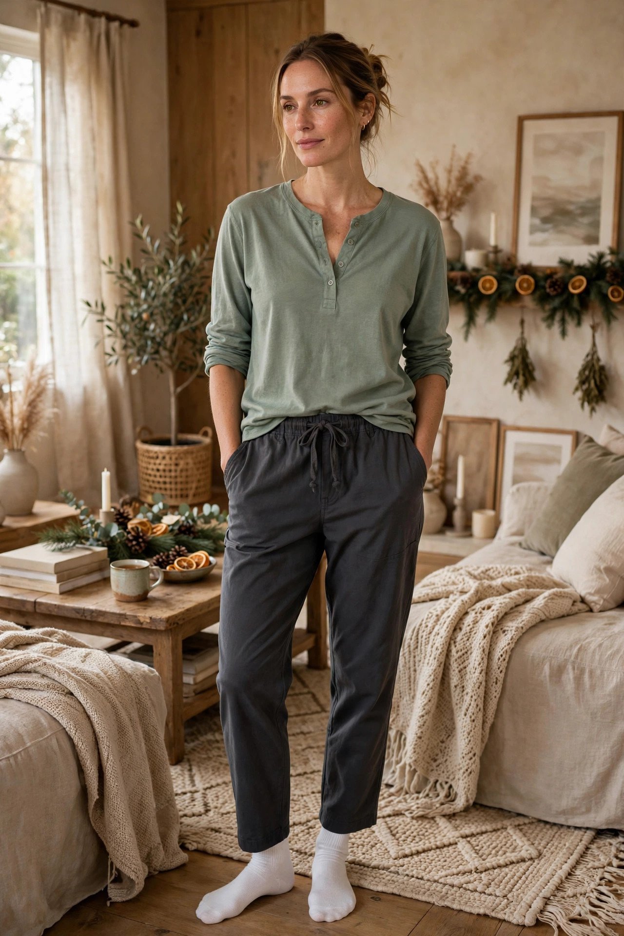 Woman in a relaxed henley with drawstring pants