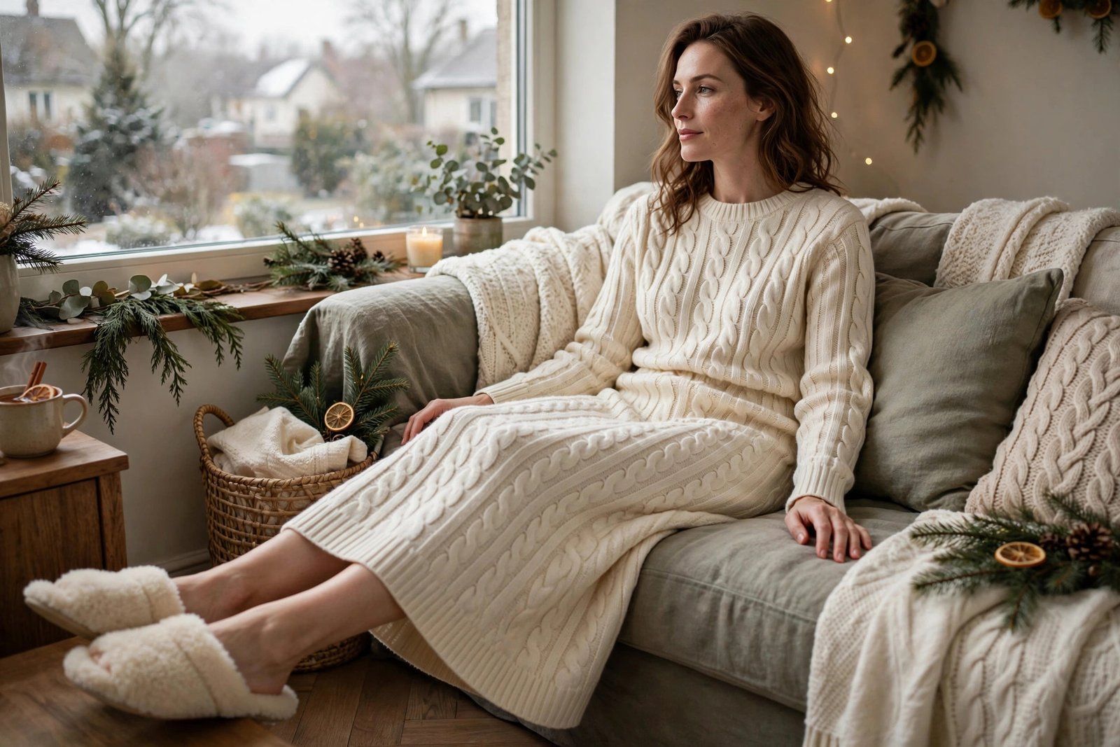 Woman in a cozy knit midi dress with slippers
