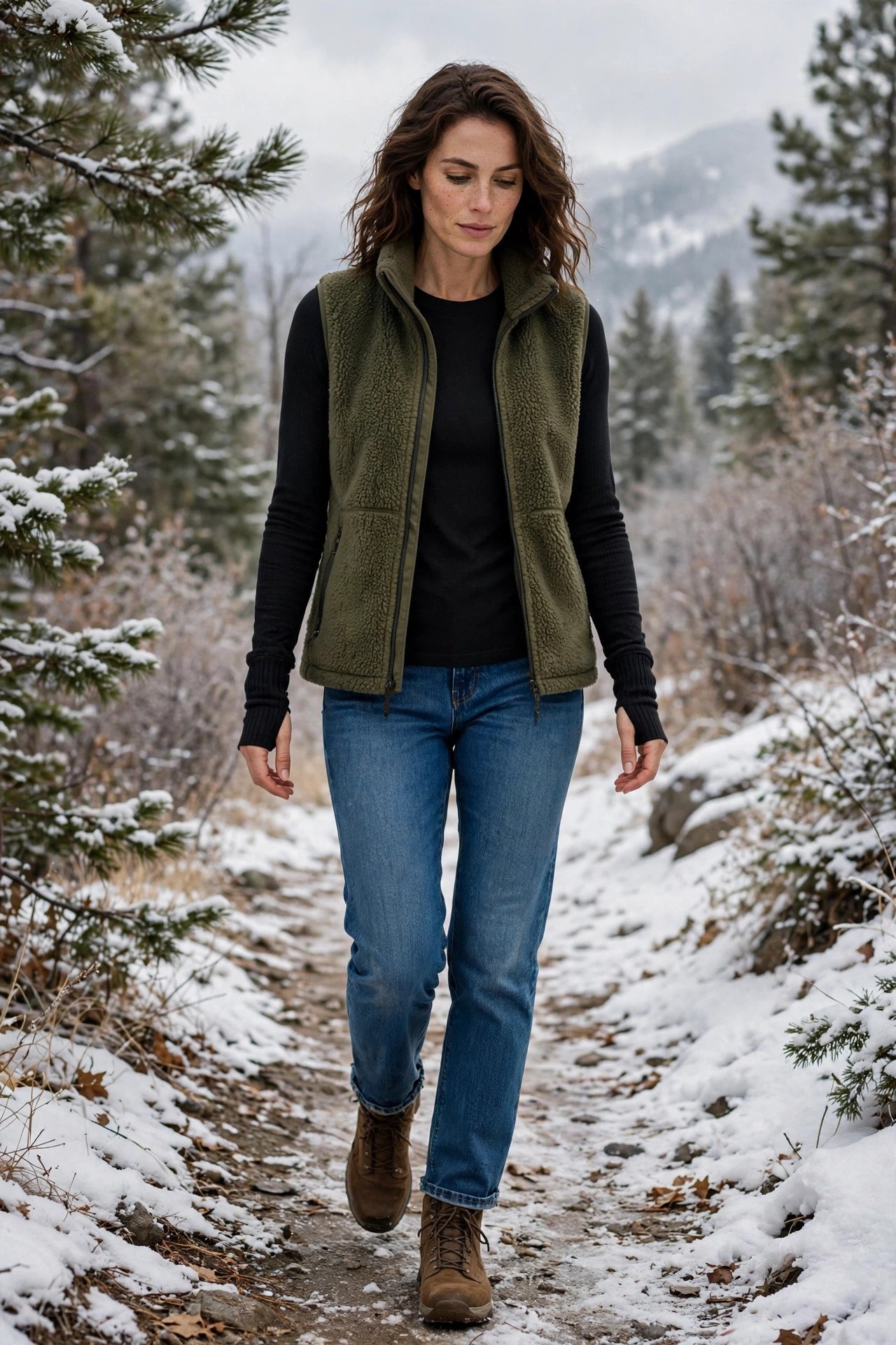 Woman in a thermal long-sleeve with a fleece vest and jeans