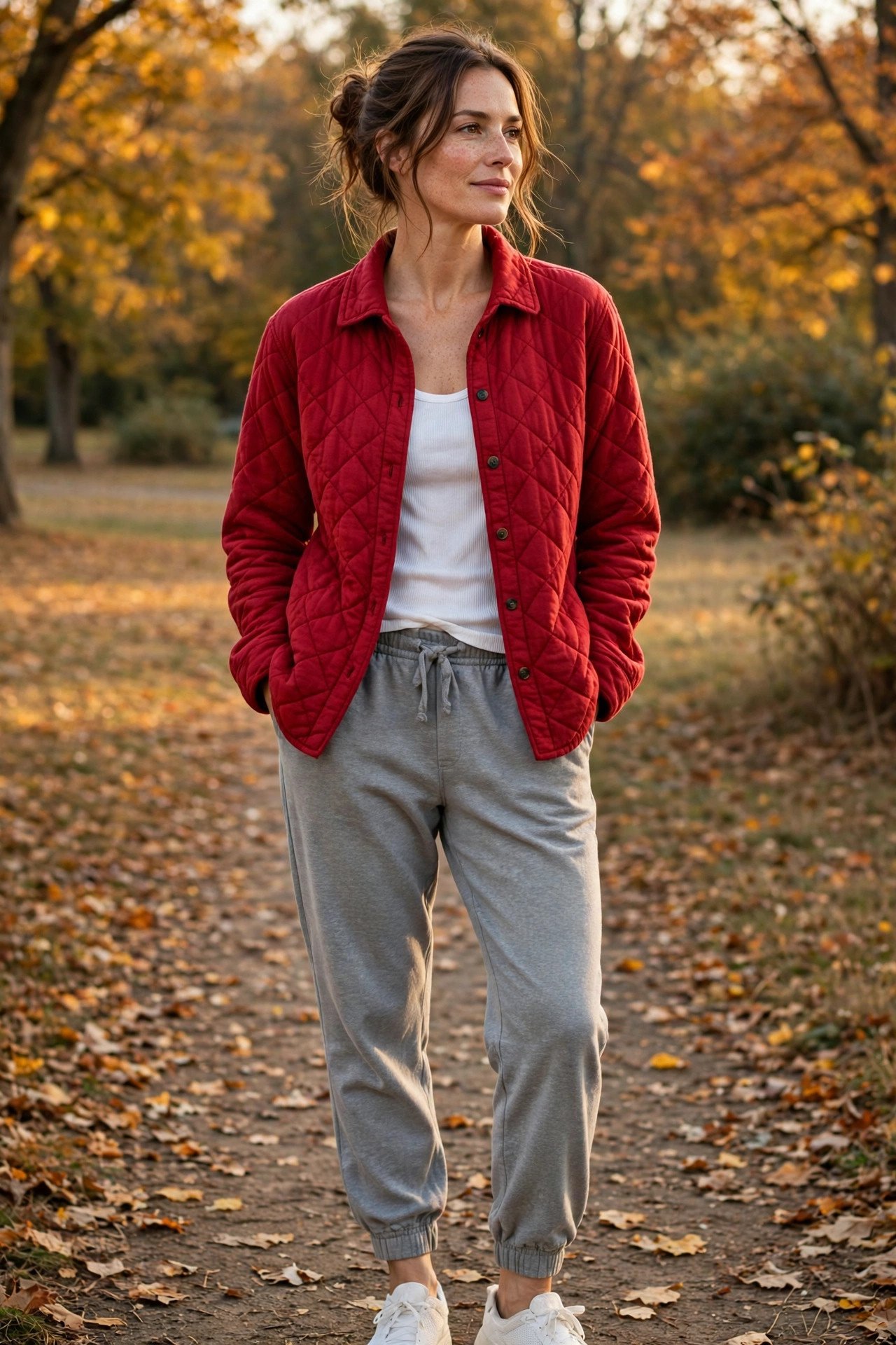 Woman in quilted flannel with a ribbed tank and joggers