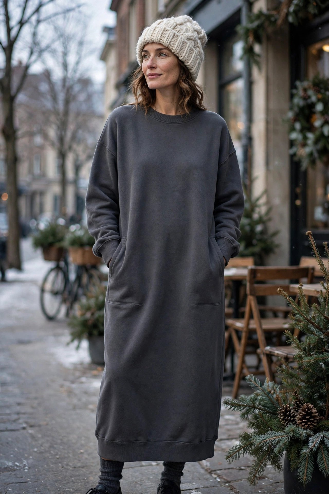Woman in a knit beanie with a sweatshirt dress