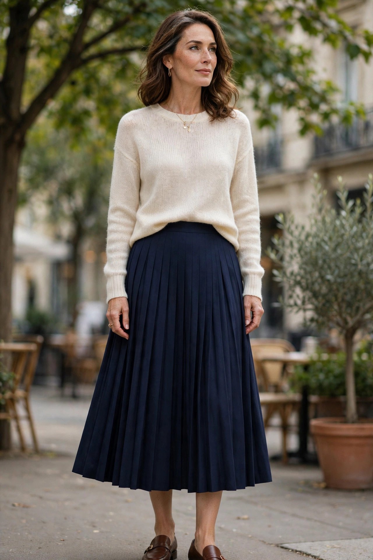 Navy pleated skirt with fine-knit sweater