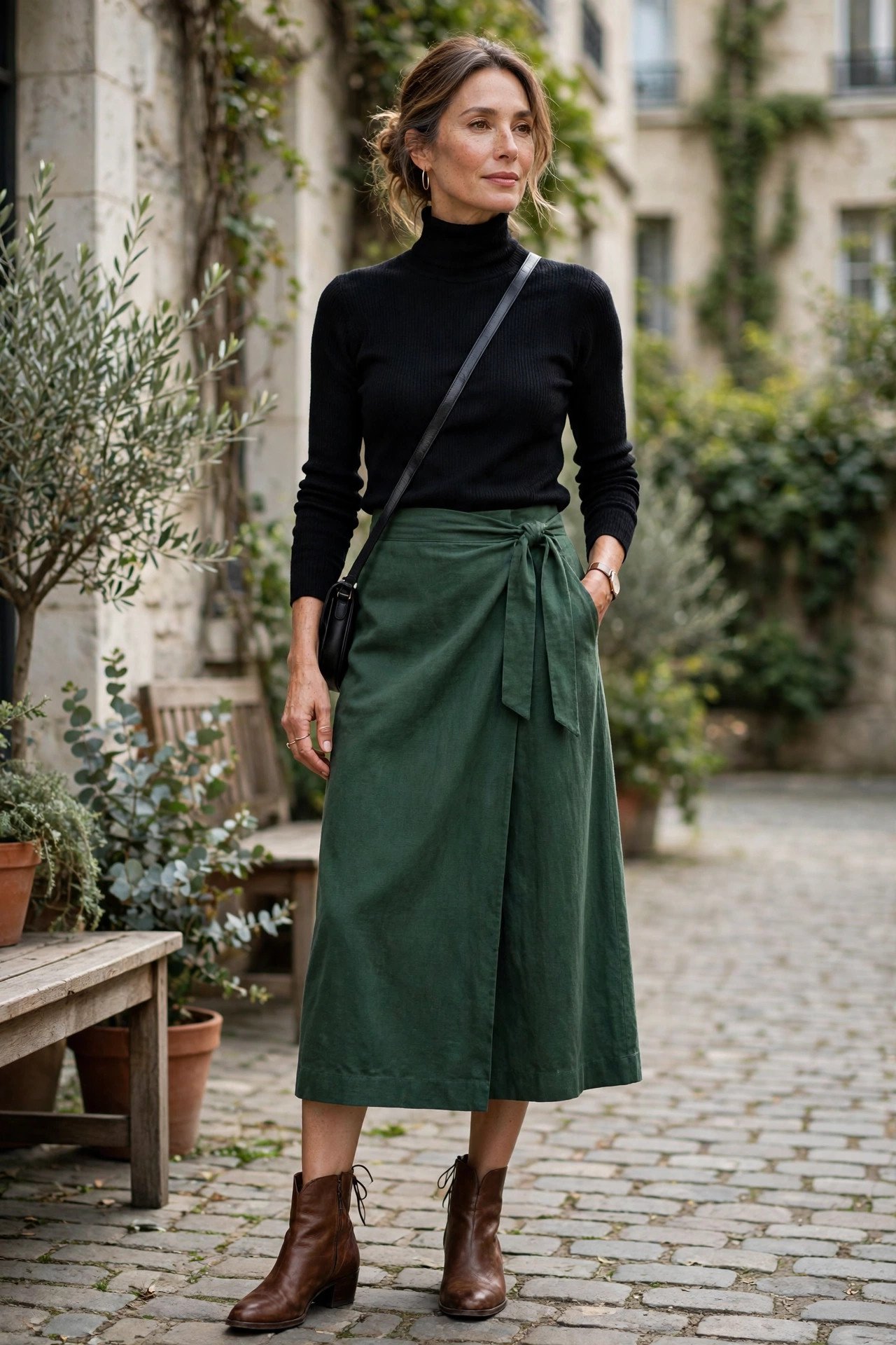Forest green wrap skirt with black turtleneck