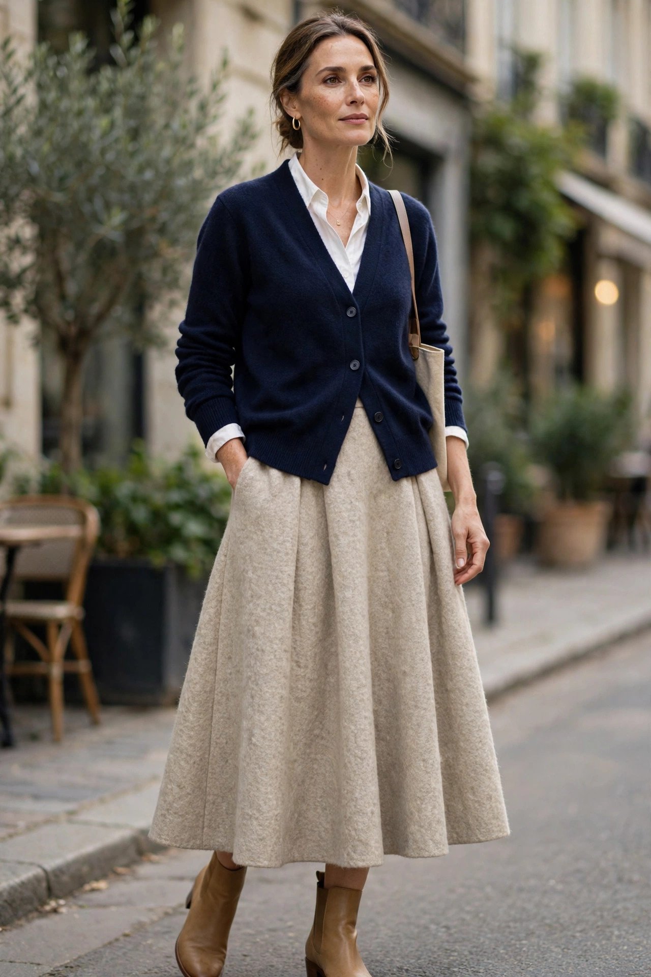 Oatmeal wool A-line skirt with navy cardigan