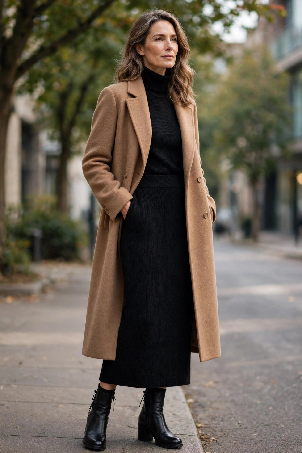 Black knit midi skirt with camel coat