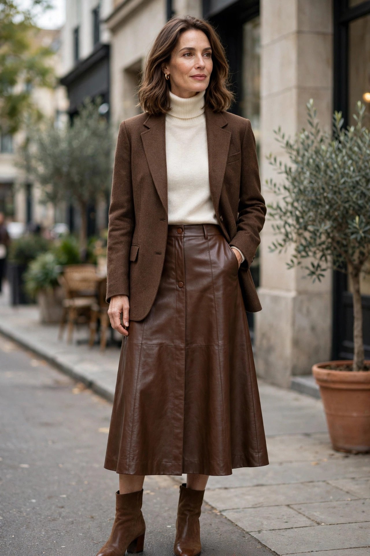 Brown faux leather skirt with turtleneck and blazer