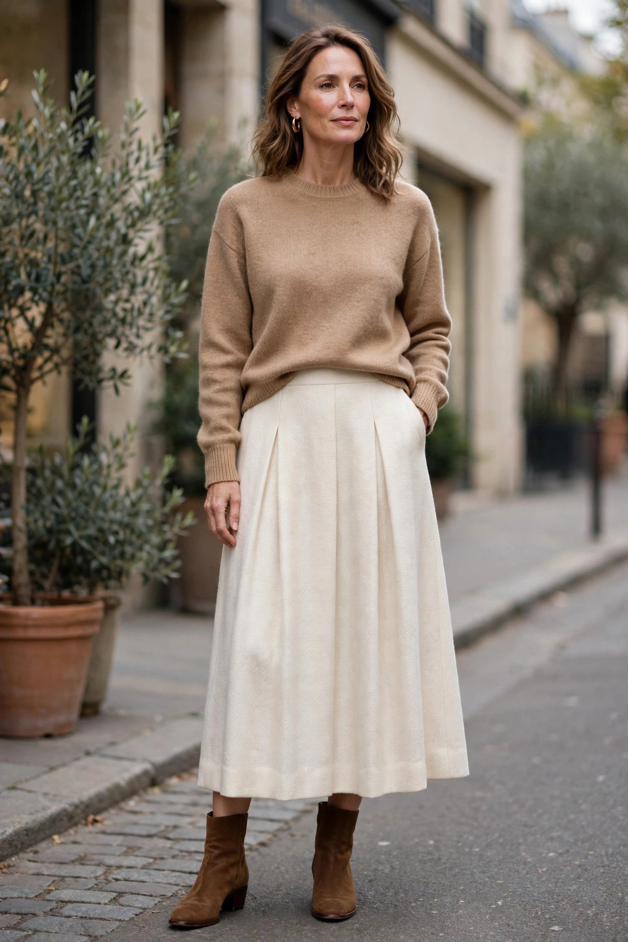 Ivory wool midi skirt with camel sweater