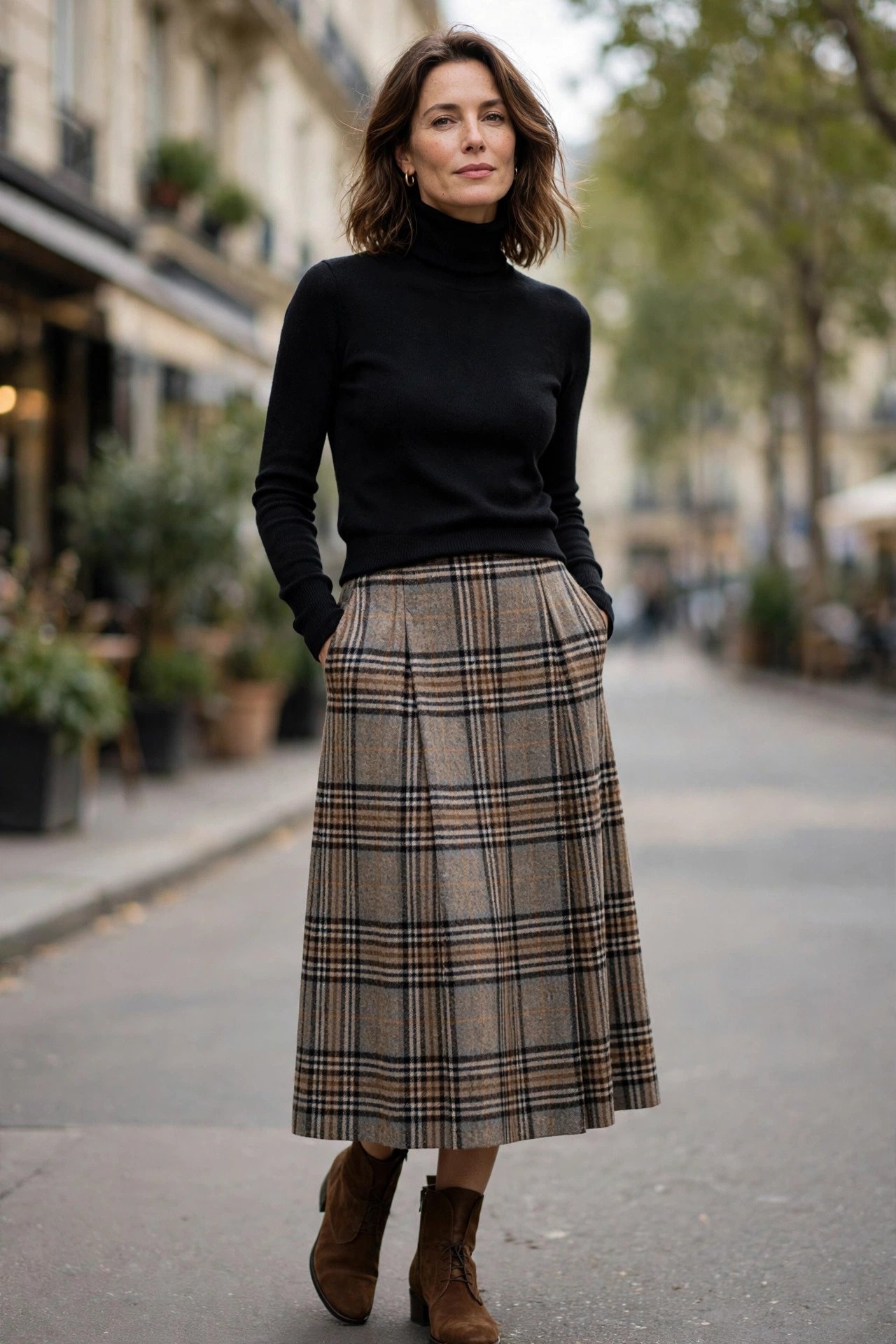 Plaid wool midi skirt with black turtleneck