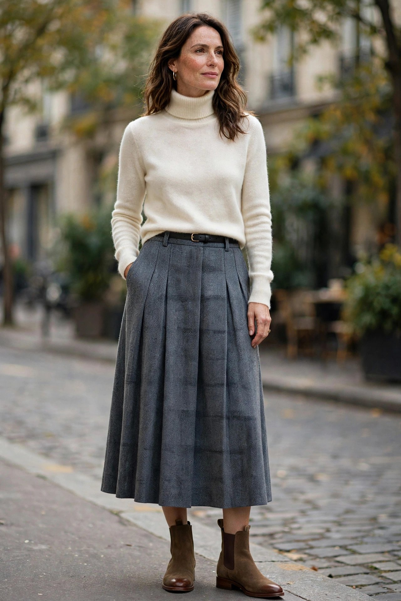 Slate grey flannel skirt with cashmere turtleneck