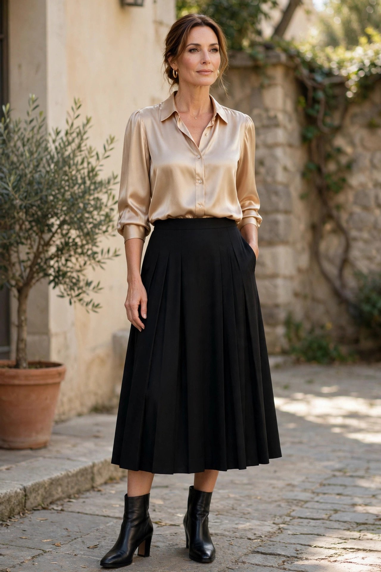 Black midi skirt with silk blouse