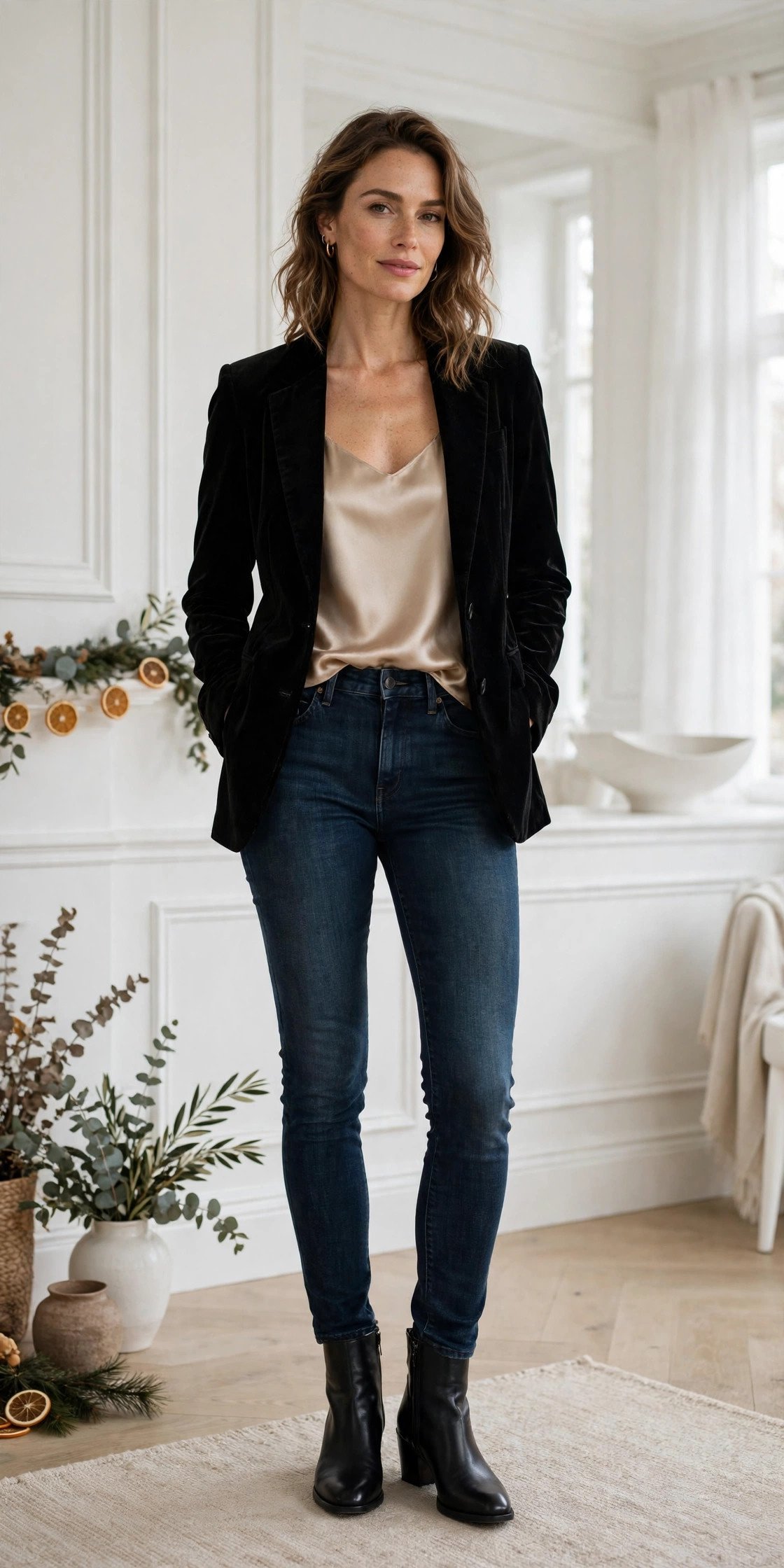 Woman in a velvet blazer with a silk cami and dark jeans