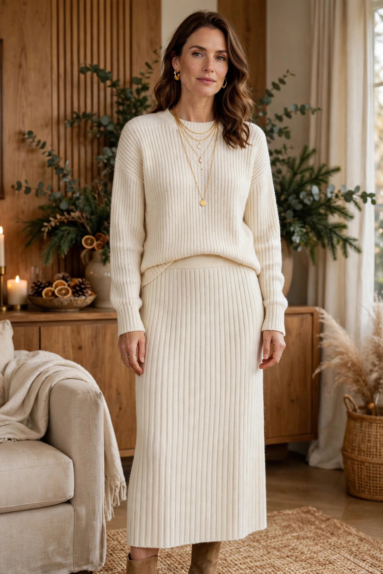 Woman in an ivory knit set with gold jewelry
