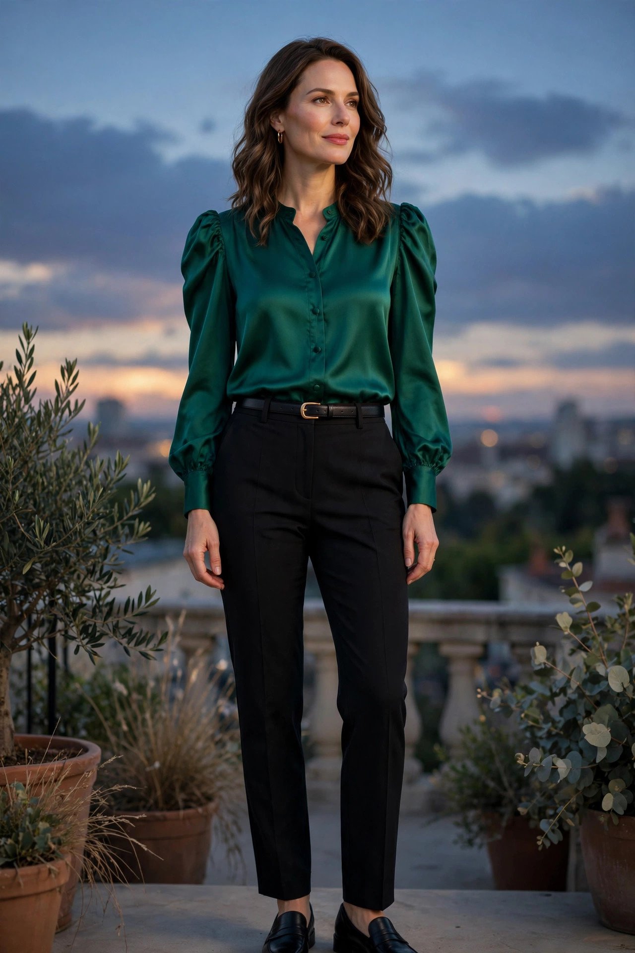 Woman in an emerald satin blouse with black tailored trousers