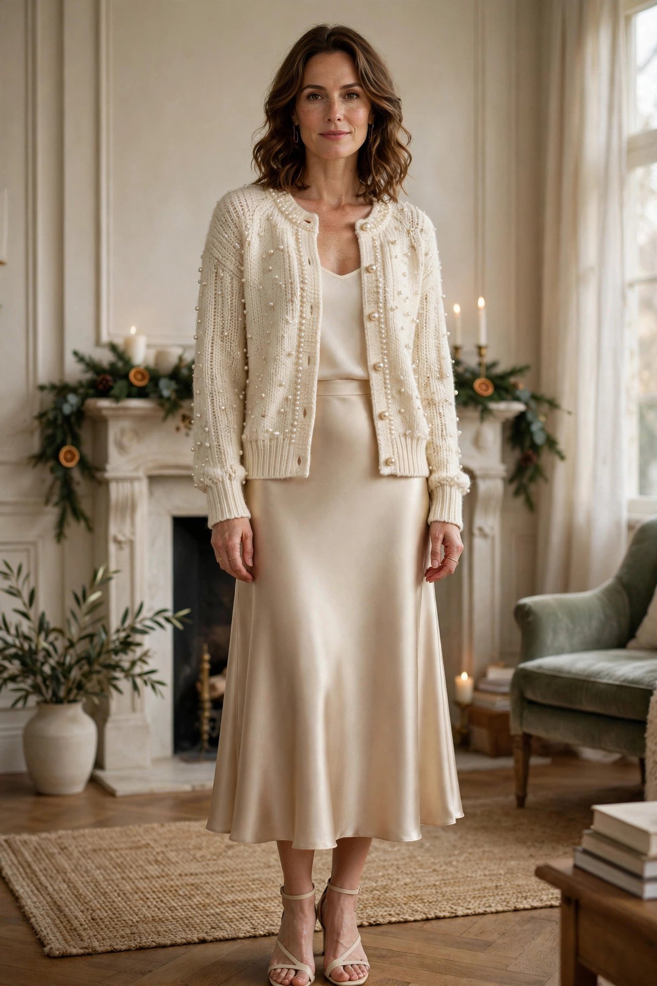 Woman in a pearl-embellished cardigan with a satin skirt