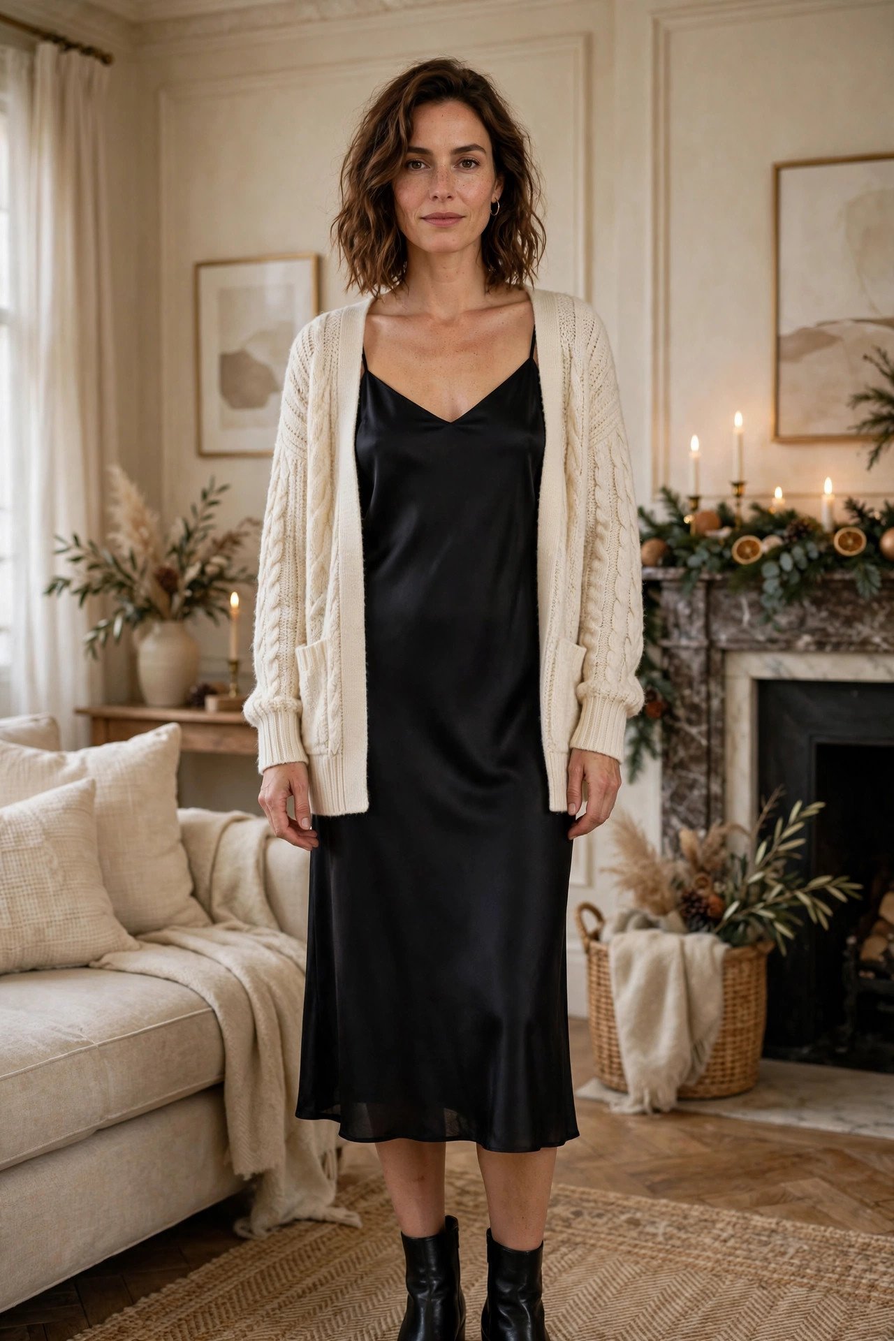 Woman in a black slip dress with a cream cardigan layered over
