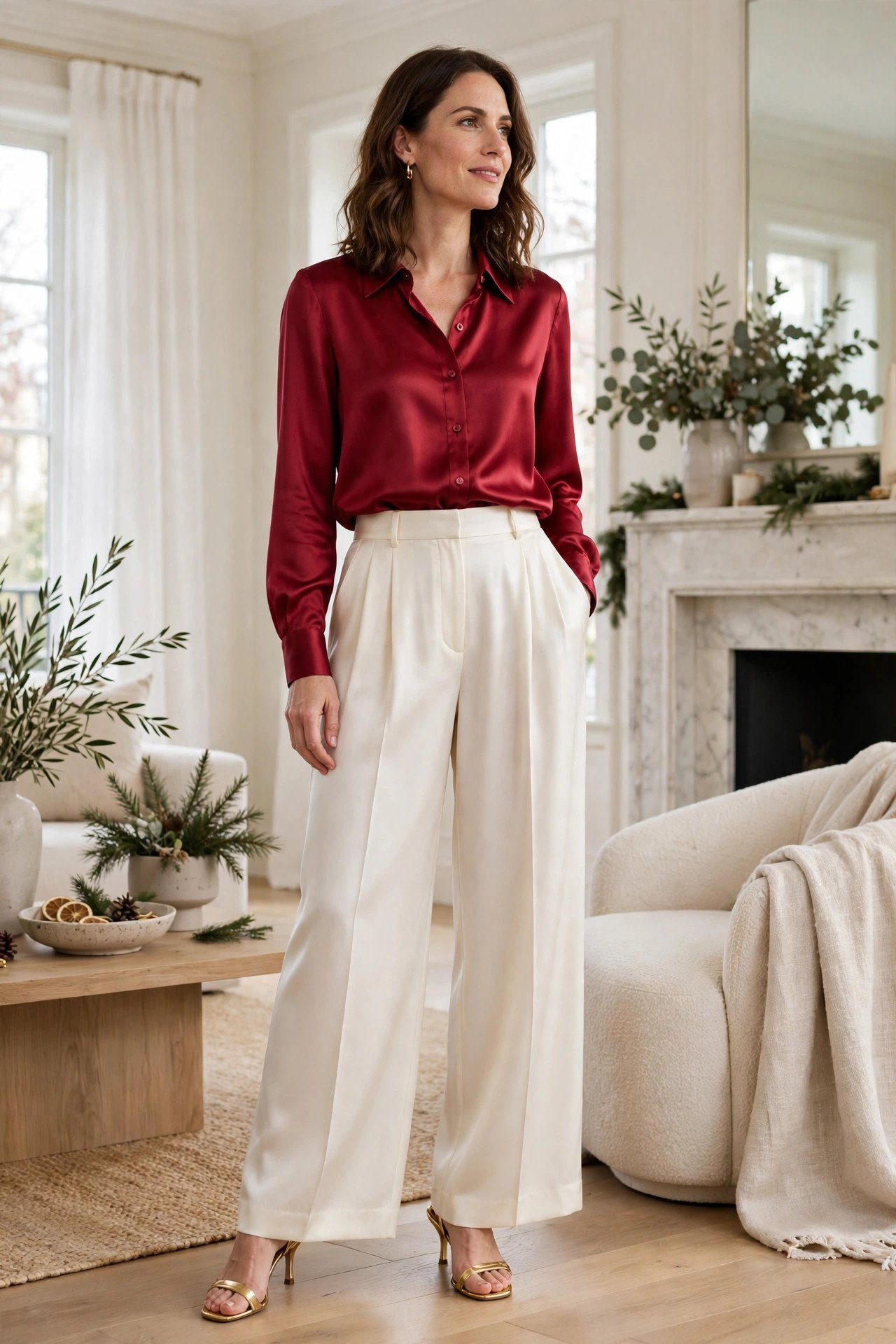 Woman in ivory silk wide-leg trousers with a cranberry blouse