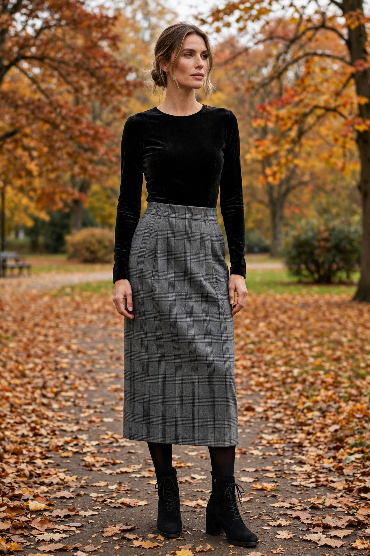 Woman in a black velvet bodysuit with a plaid wool skirt