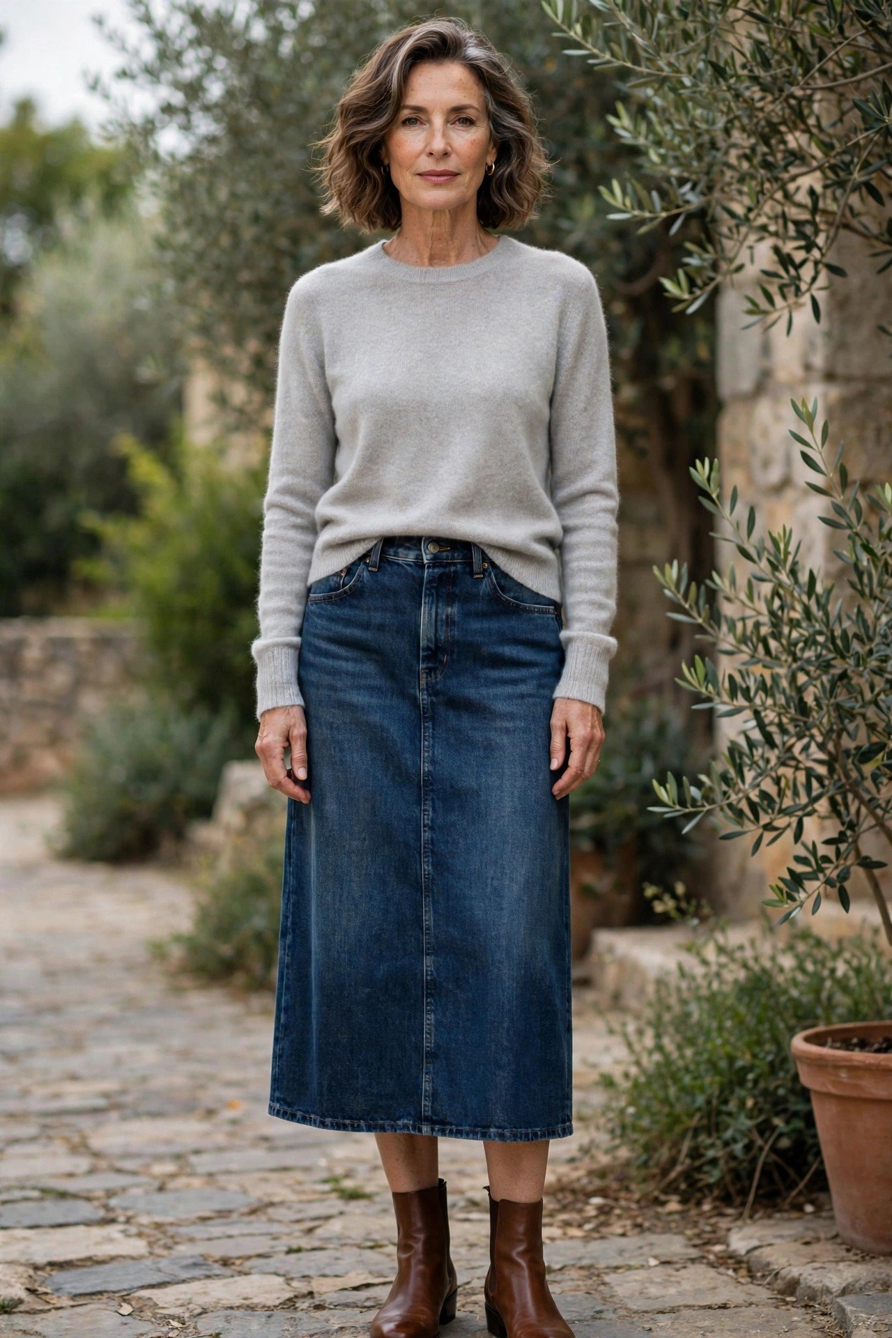Mature woman in a dark-wash denim midi skirt with a cashmere sweater