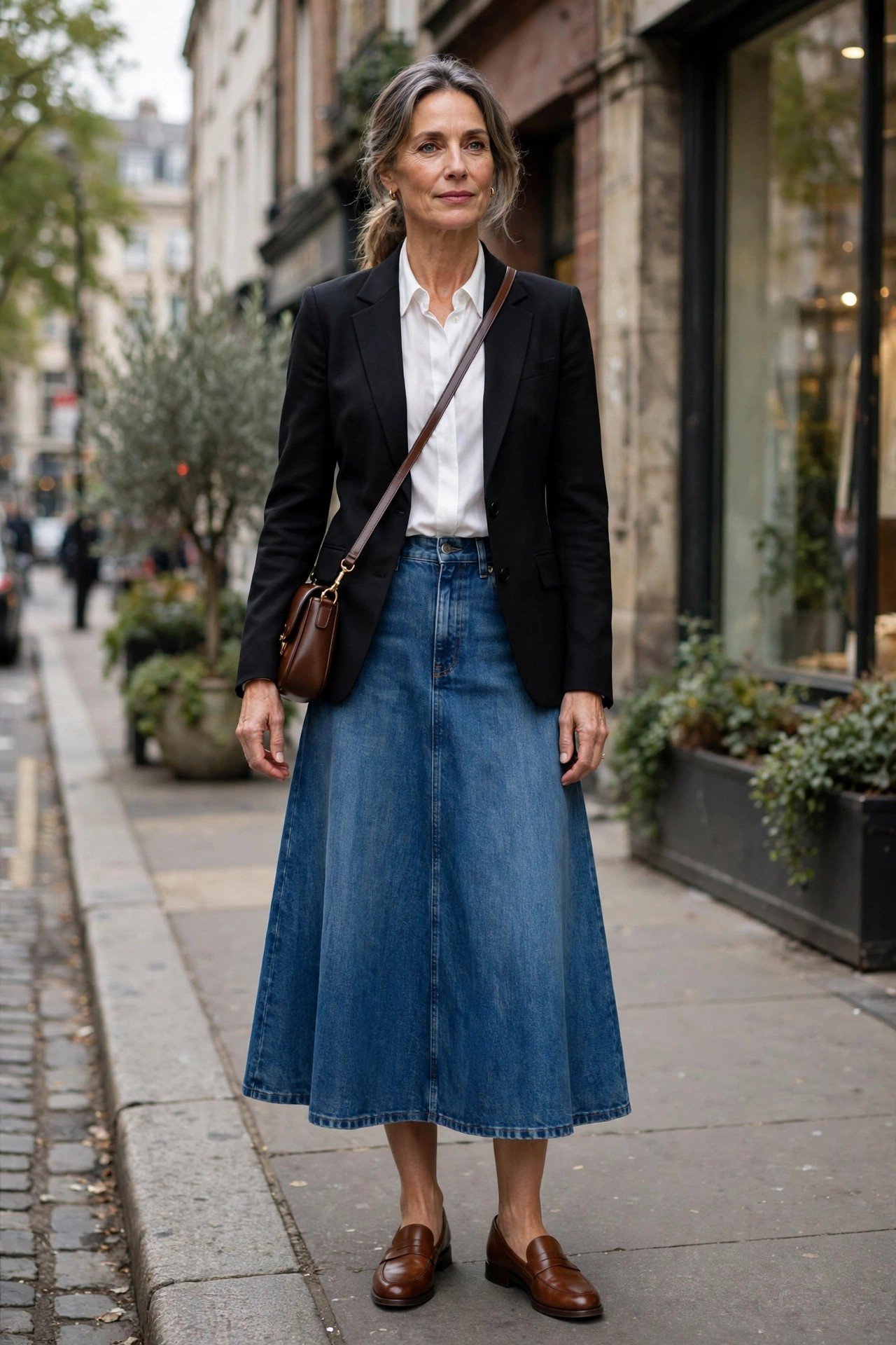 Woman over 50 in a denim A-line skirt with a tailored jacket