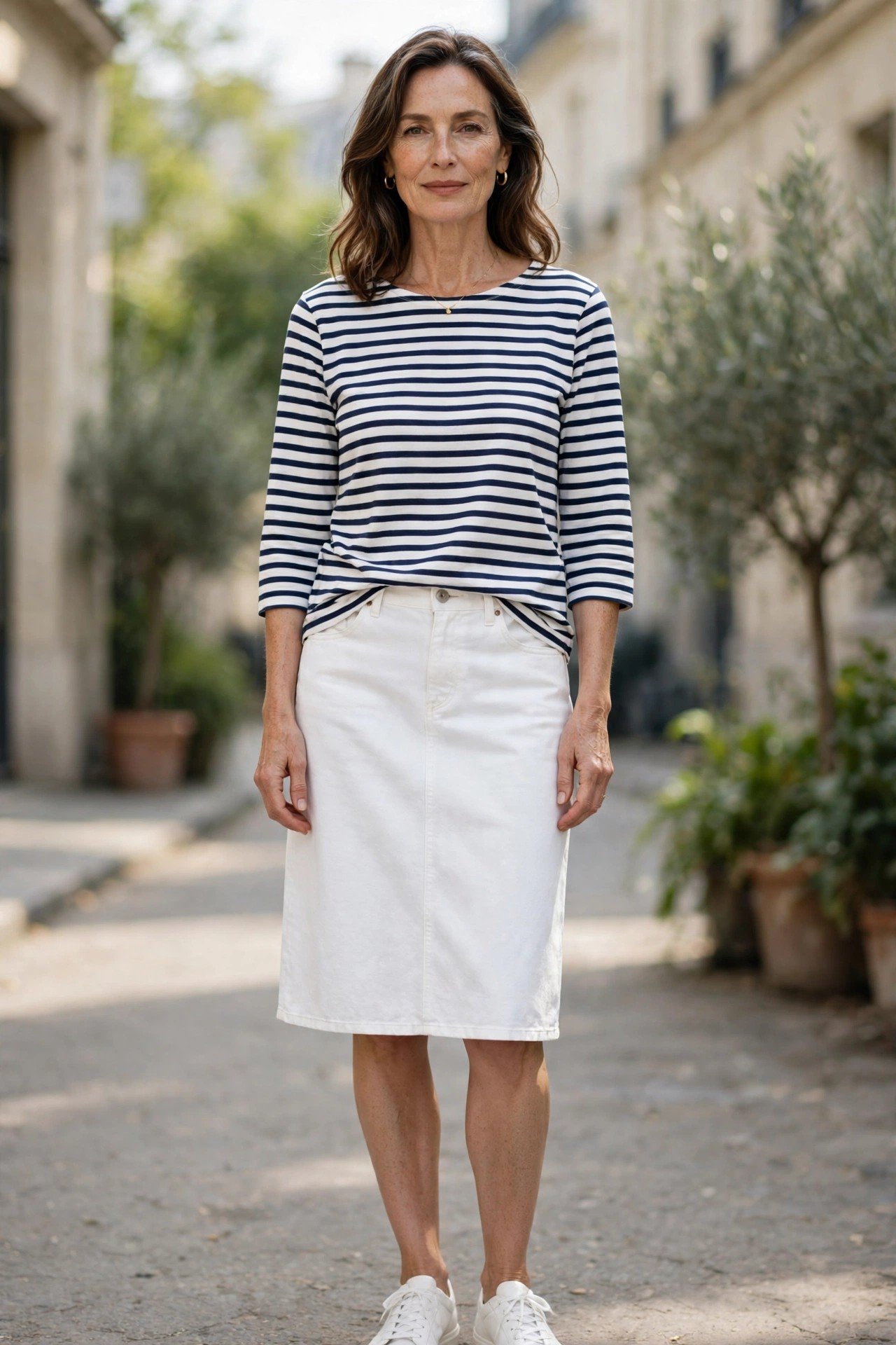 Mature woman in a white denim skirt with a striped Breton top