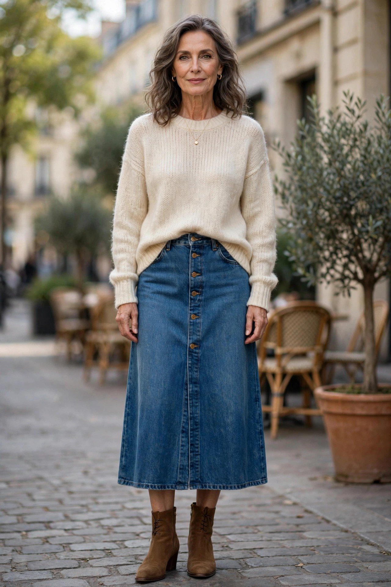 Woman over 50 in a denim midi skirt with a soft knit tunic