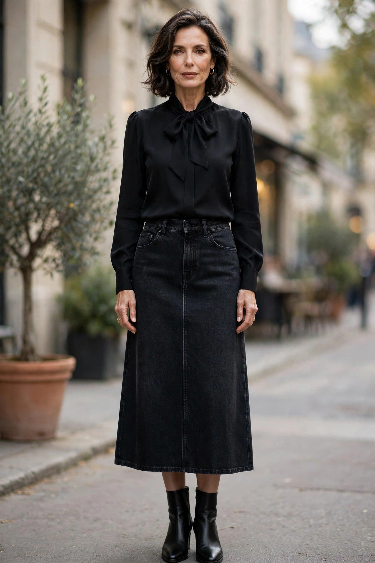 Mature woman in a black denim skirt with an elegant blouse