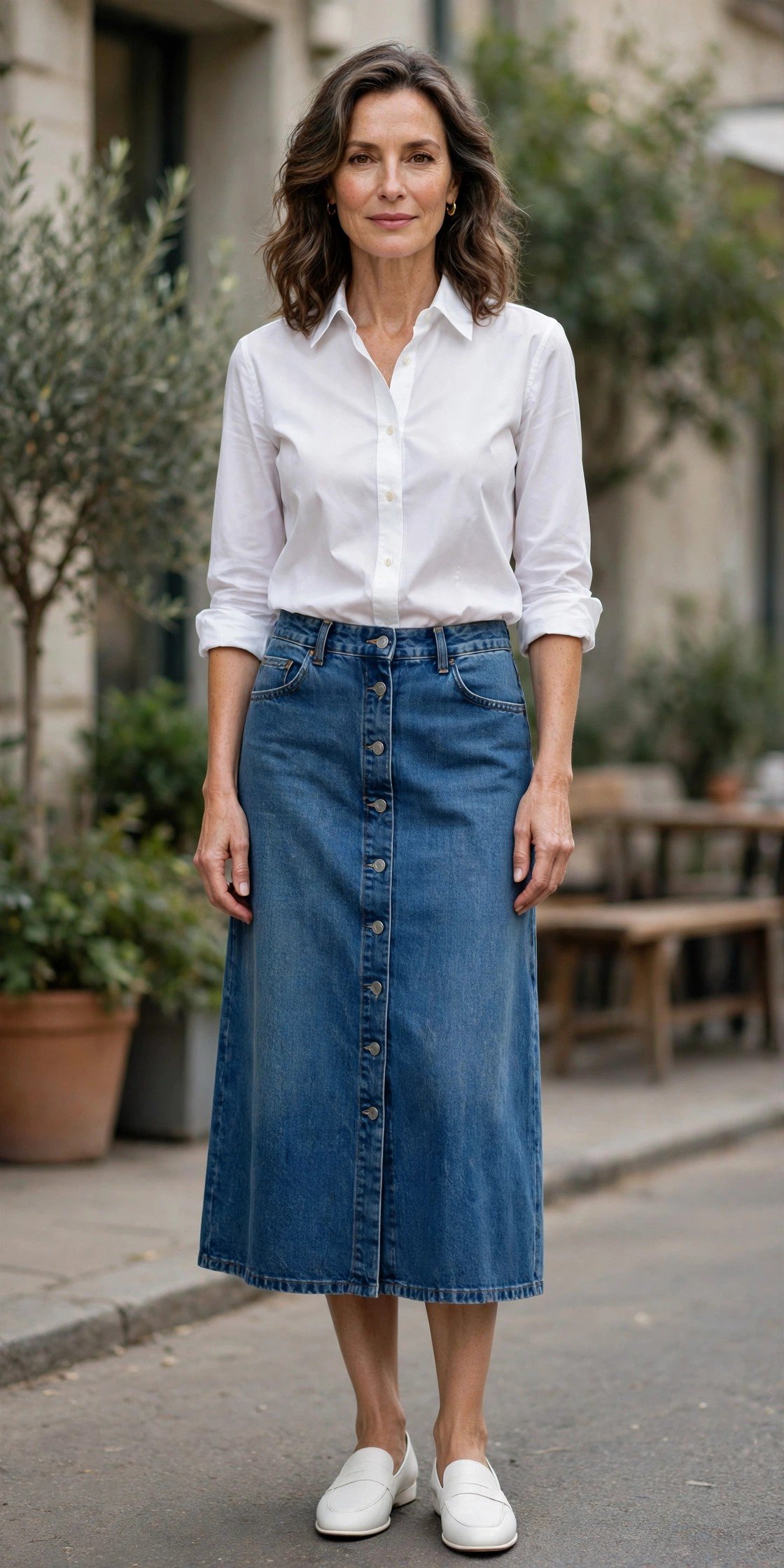 Woman over 50 in a button-front denim midi skirt with a crisp shirt