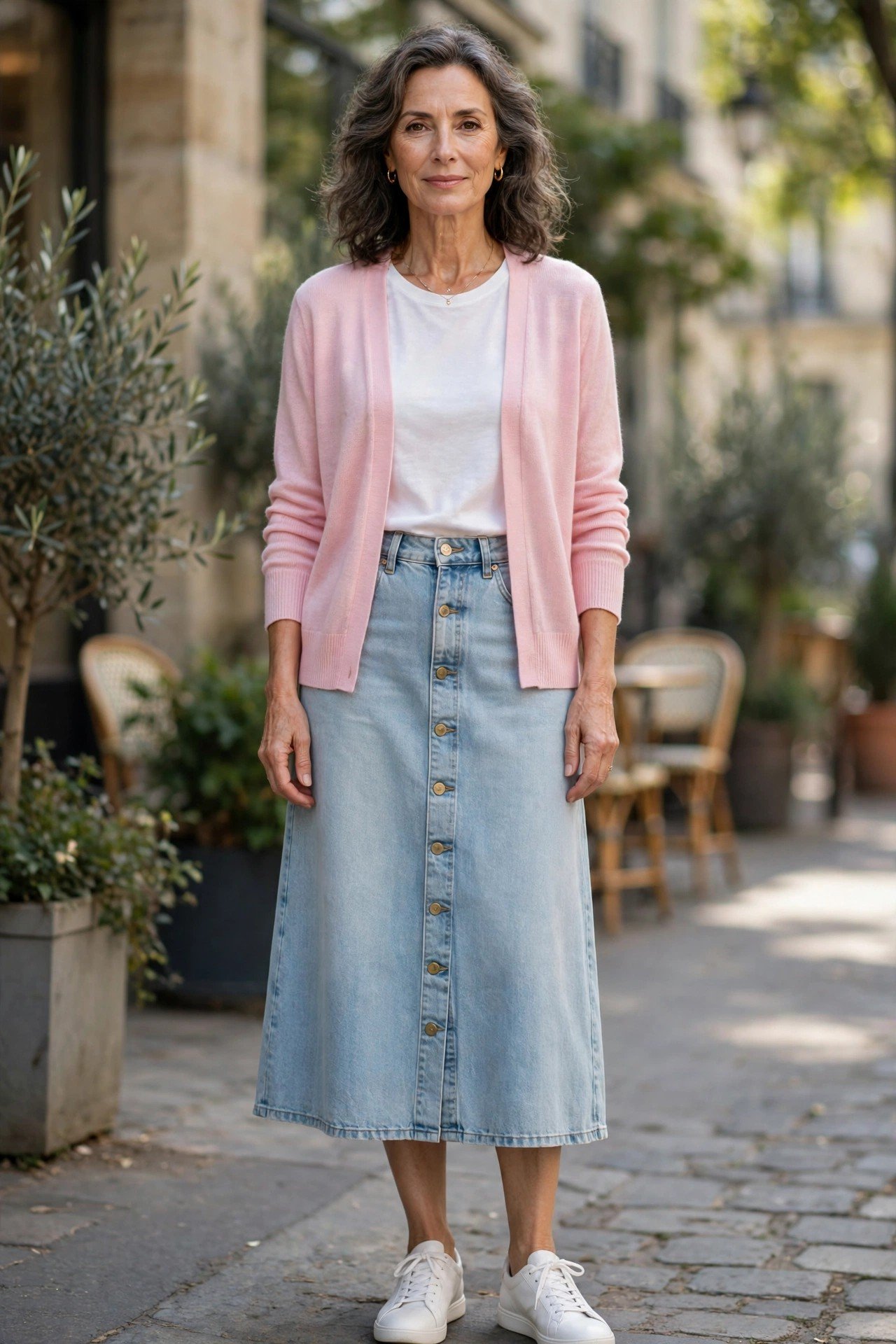 Mature woman in a denim skirt with a lightweight cardigan