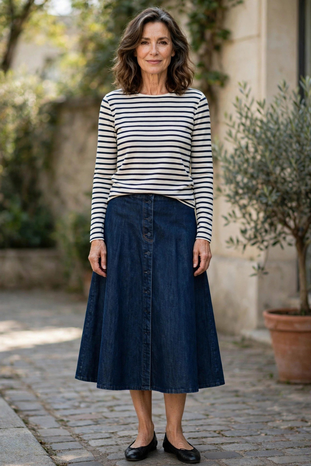 Woman over 50 in an A-line denim skirt with ballet flats
