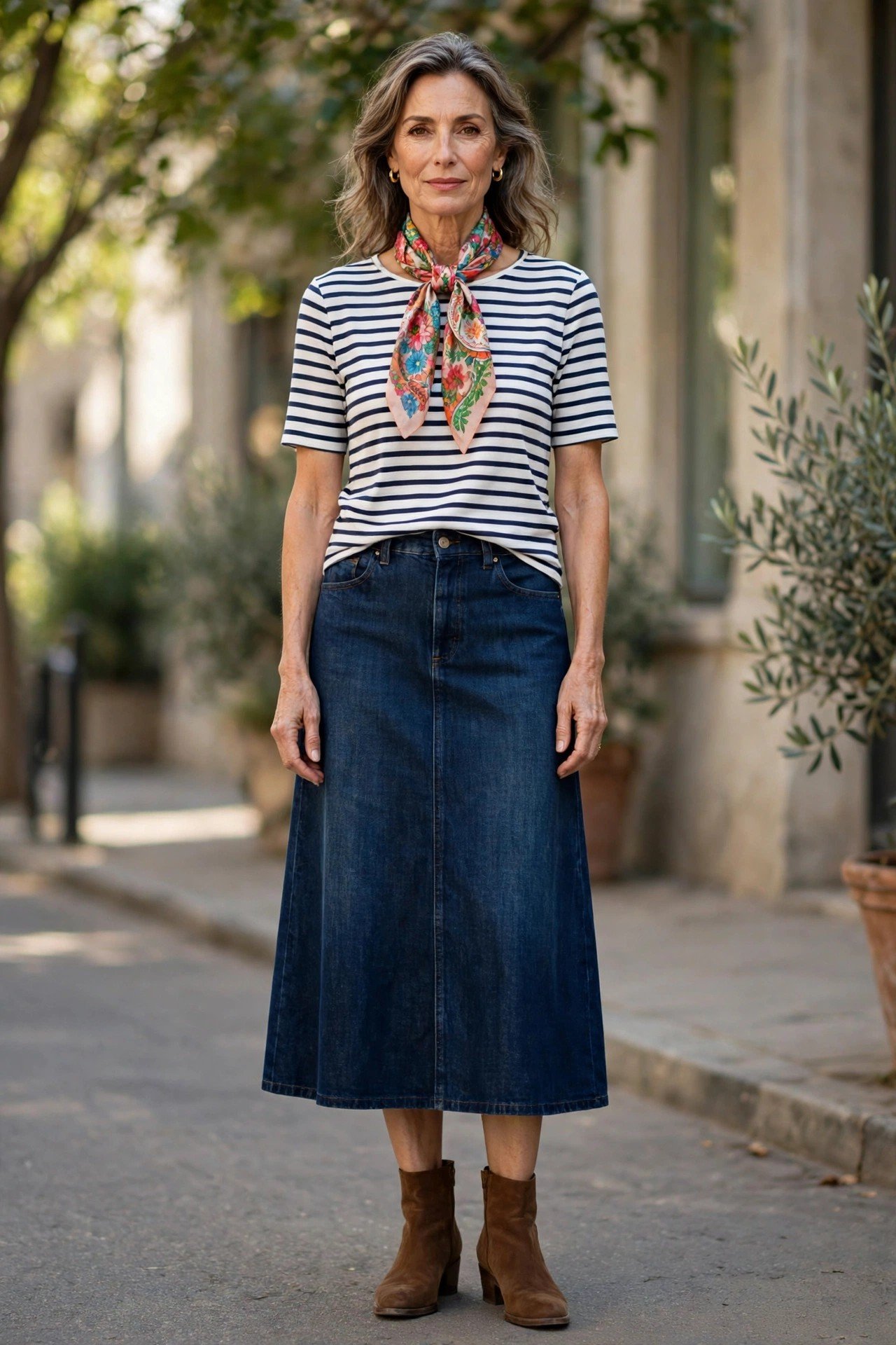 Mature woman in a dark denim midi skirt with a silk scarf