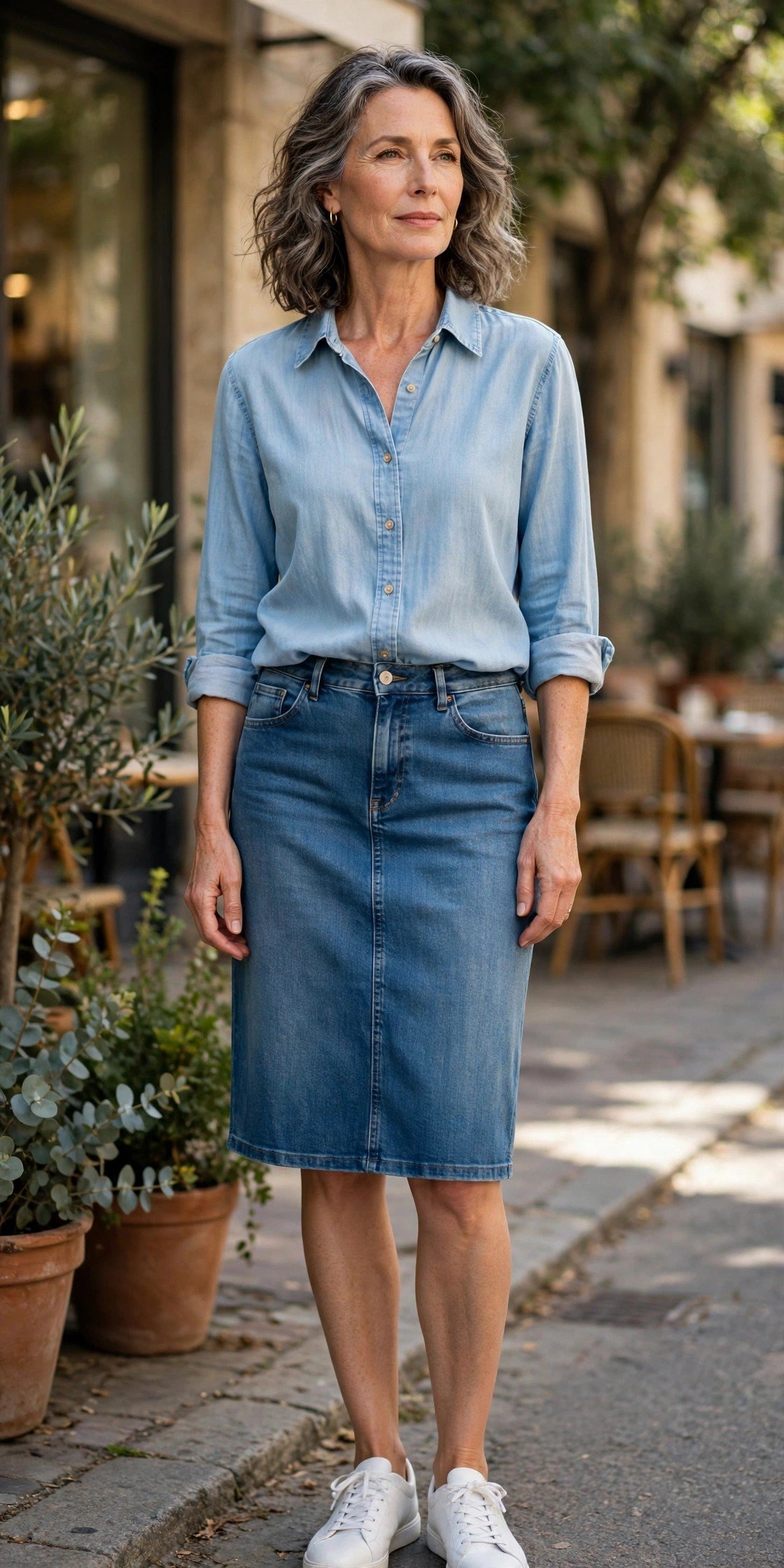 Woman over 50 in a chambray shirt with a denim skirt