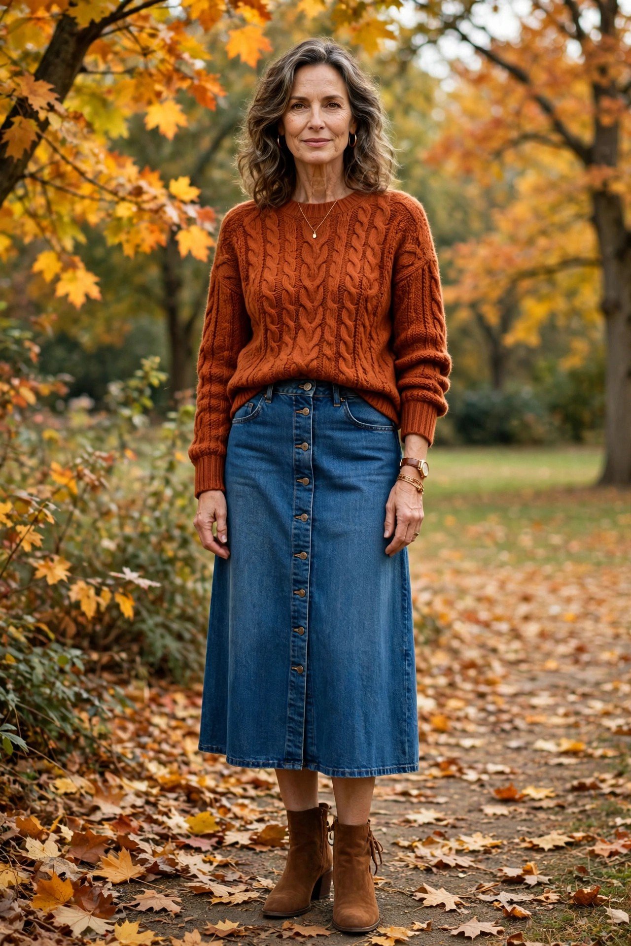 Mature woman in a midi denim skirt with an autumn knit outdoors
