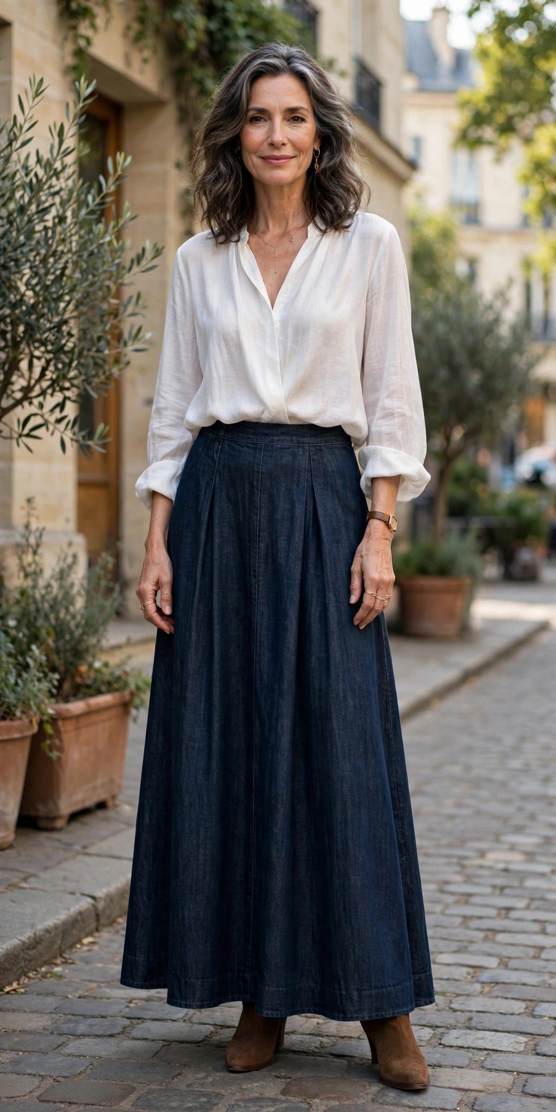 Woman over 50 in a long denim skirt with a draped top