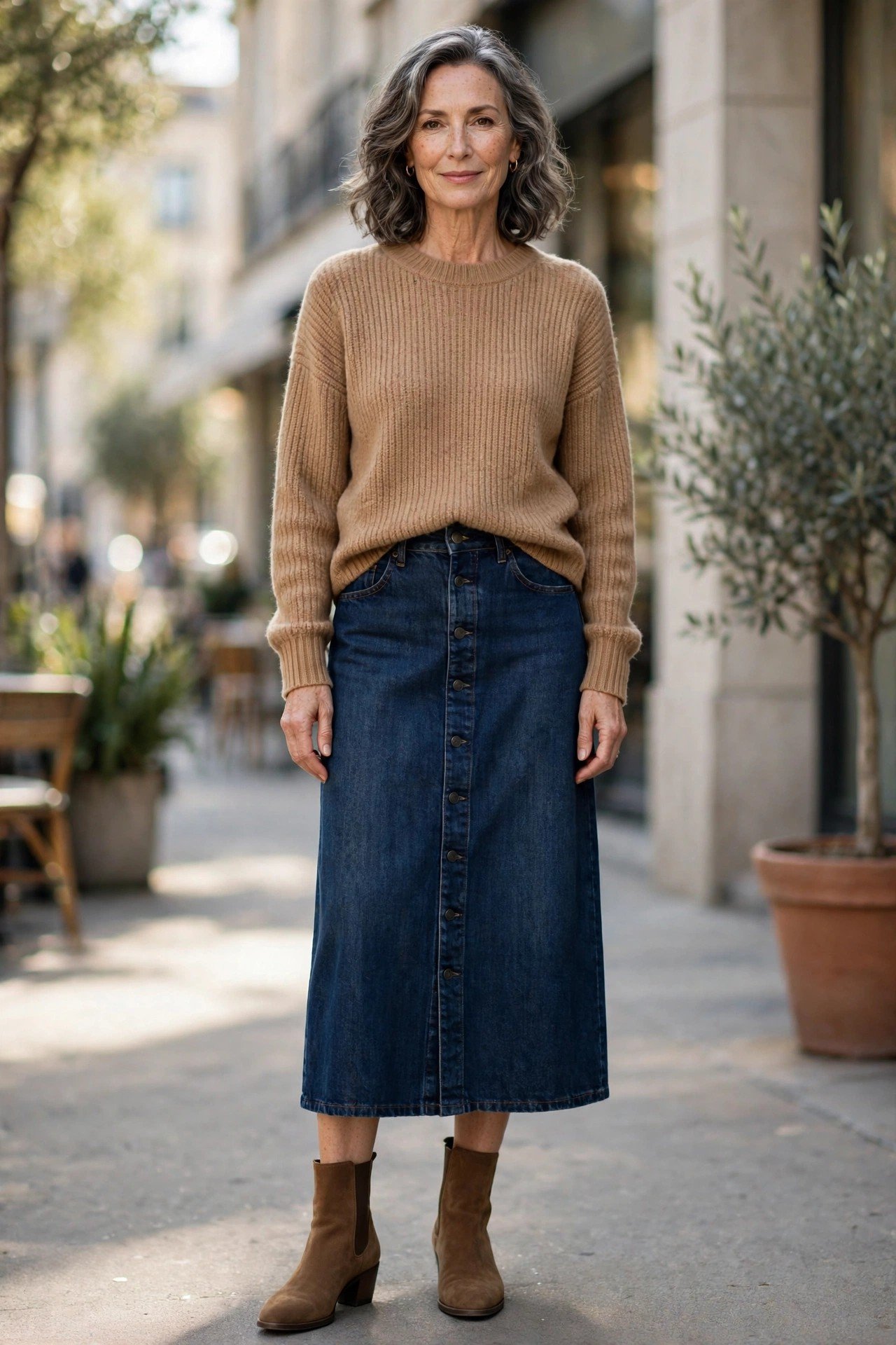 Woman over 50 in a denim midi skirt with ankle boots