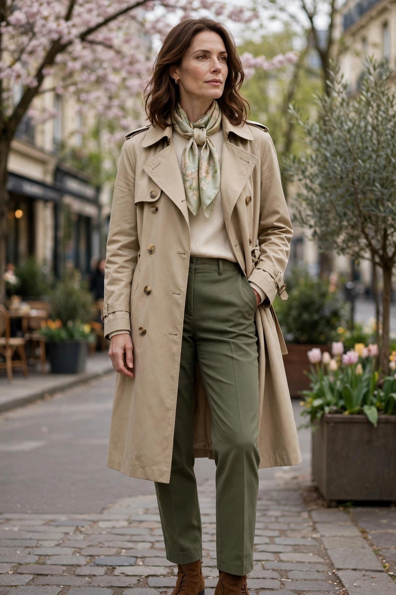 Mature woman in a classic trench coat with a silk scarf