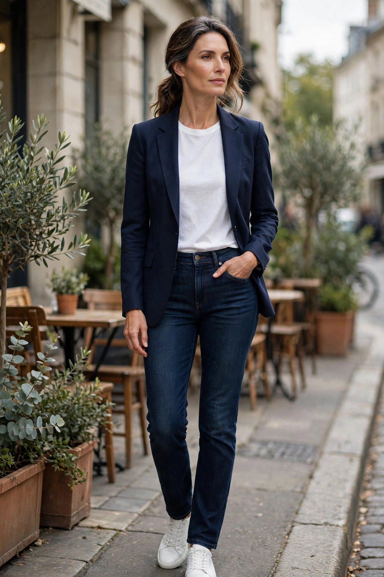 Woman over 40 wearing a navy blazer with white tee and dark denim