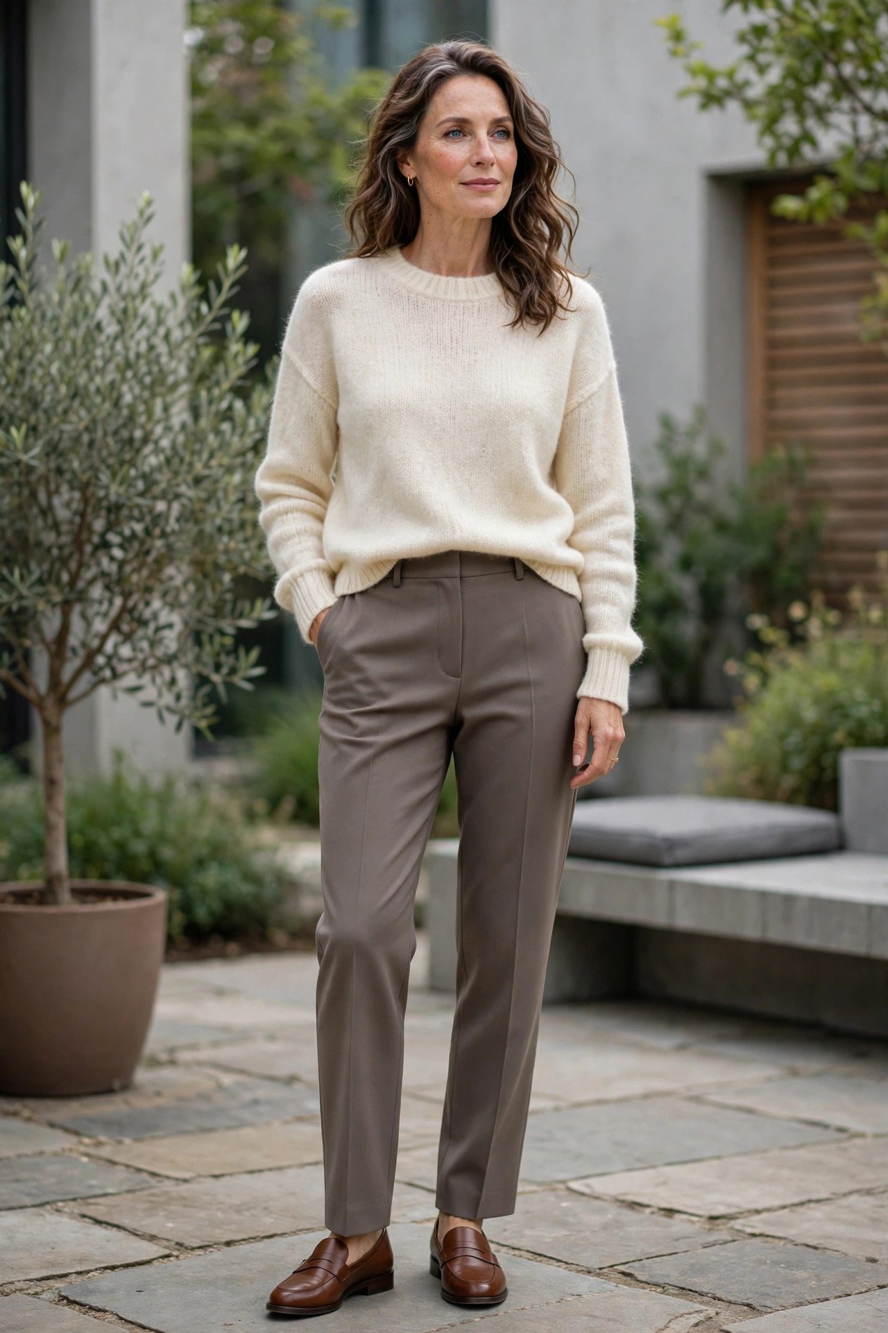 Mature woman in a cream cashmere sweater and taupe trousers