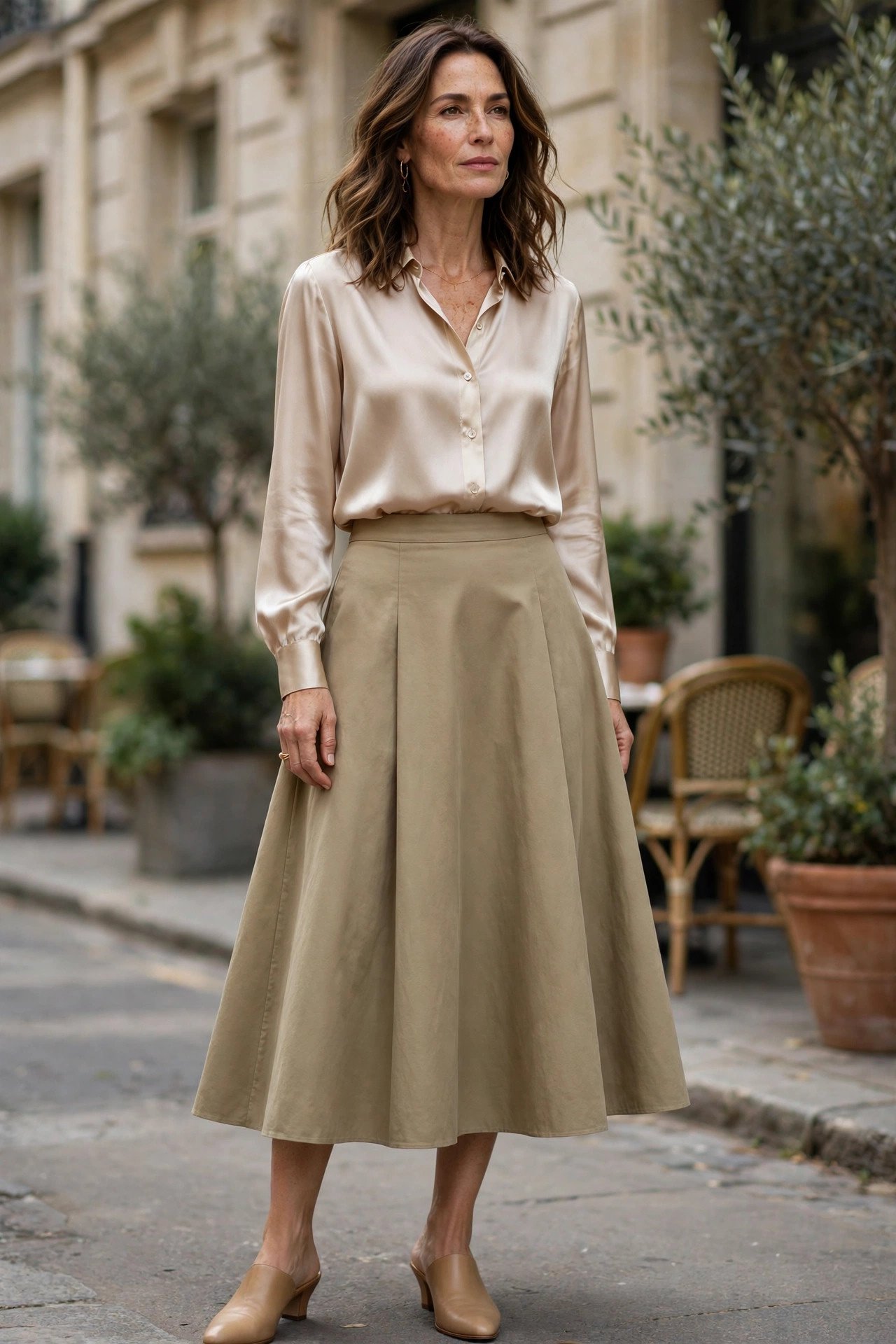 Woman wearing an A-line midi skirt with a silk blouse