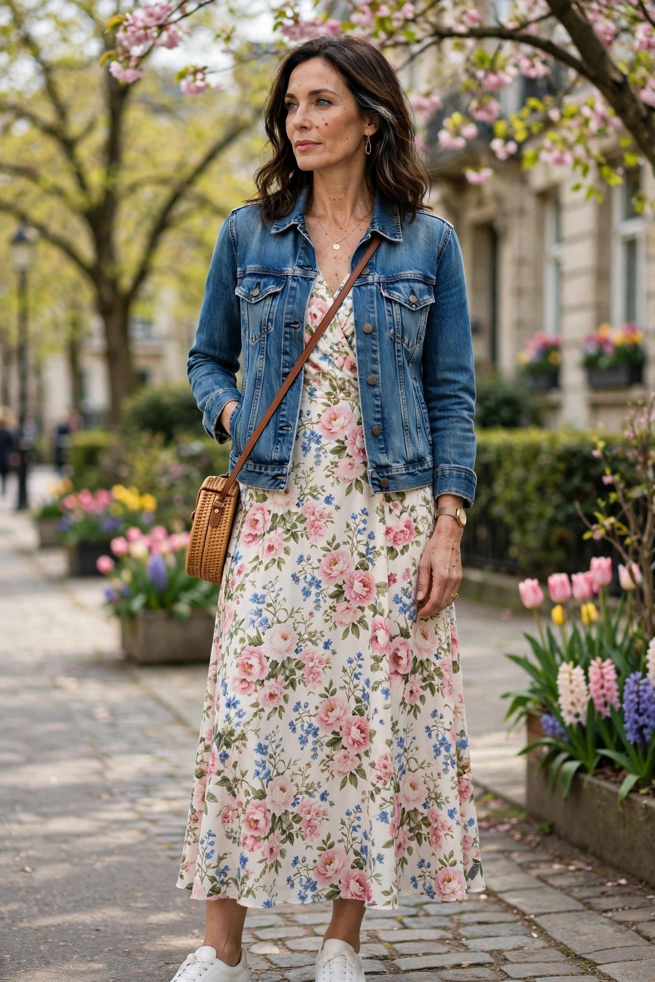 Woman wearing a denim jacket over a floral midi dress