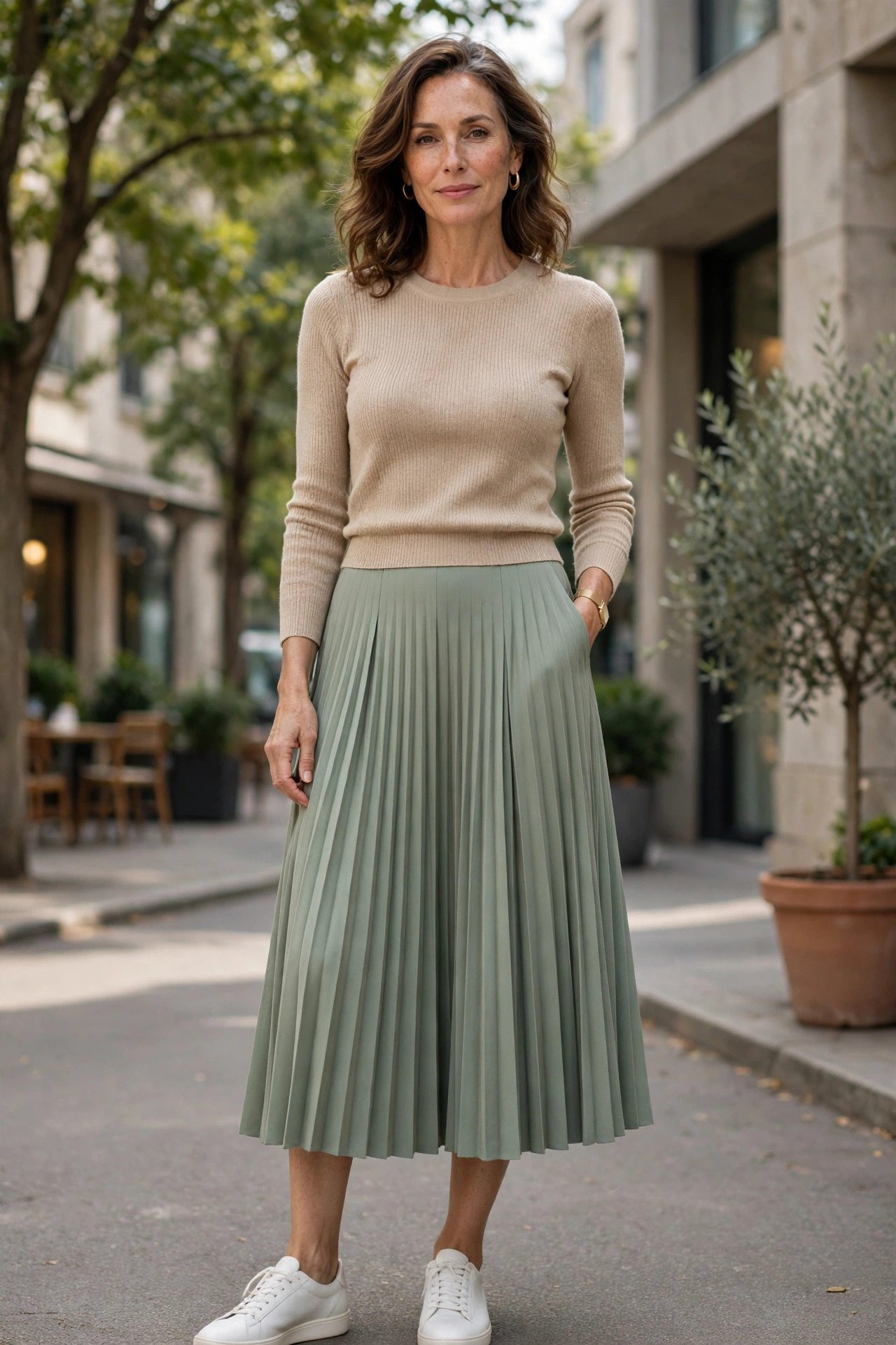 Woman in a pleated skirt with a fitted knit top